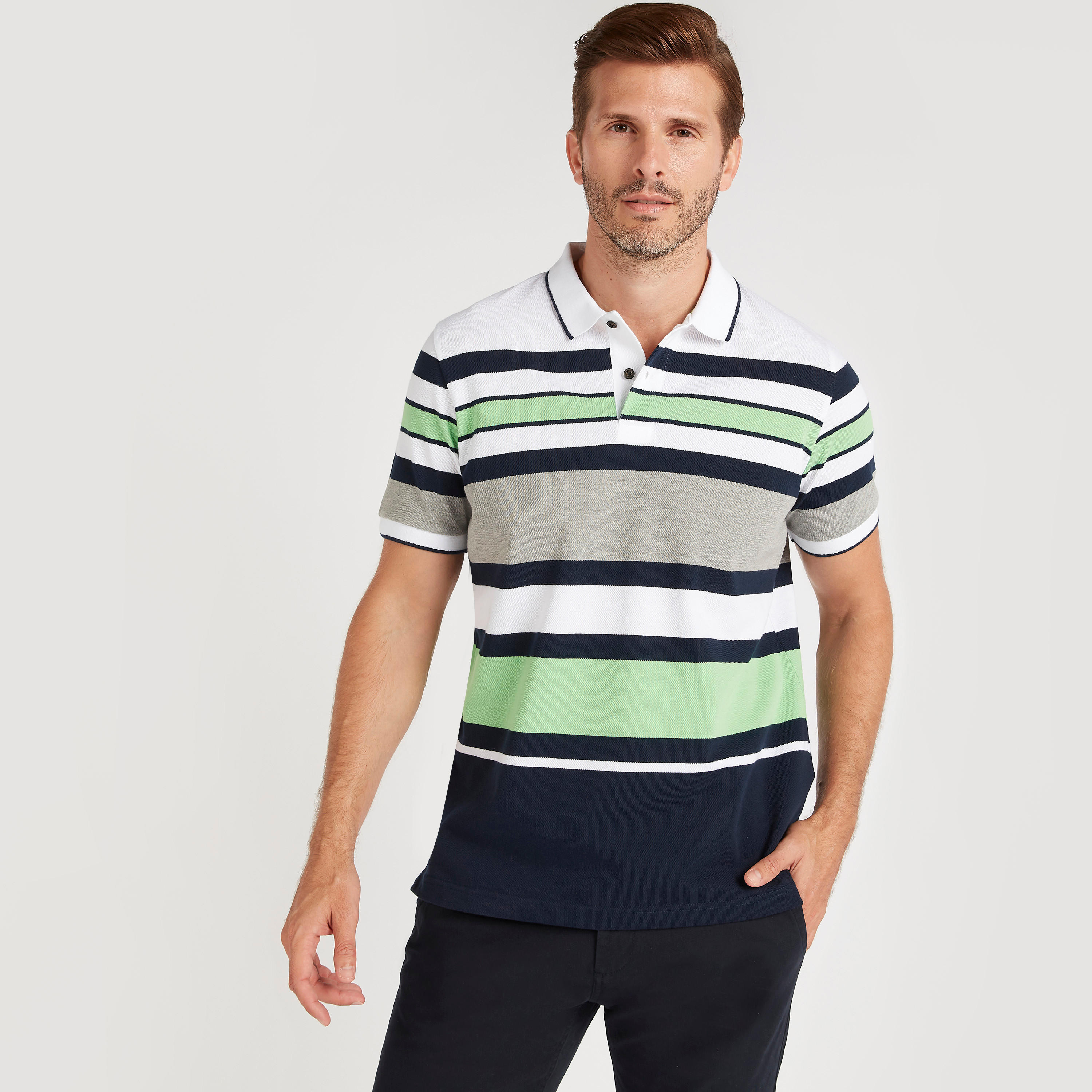 تيشيرت بولو مقلّم بأكمام قصيرة وتفاصيل خيوط بارزة-men-clothing-tshirtsandpolos-polos-image-1
