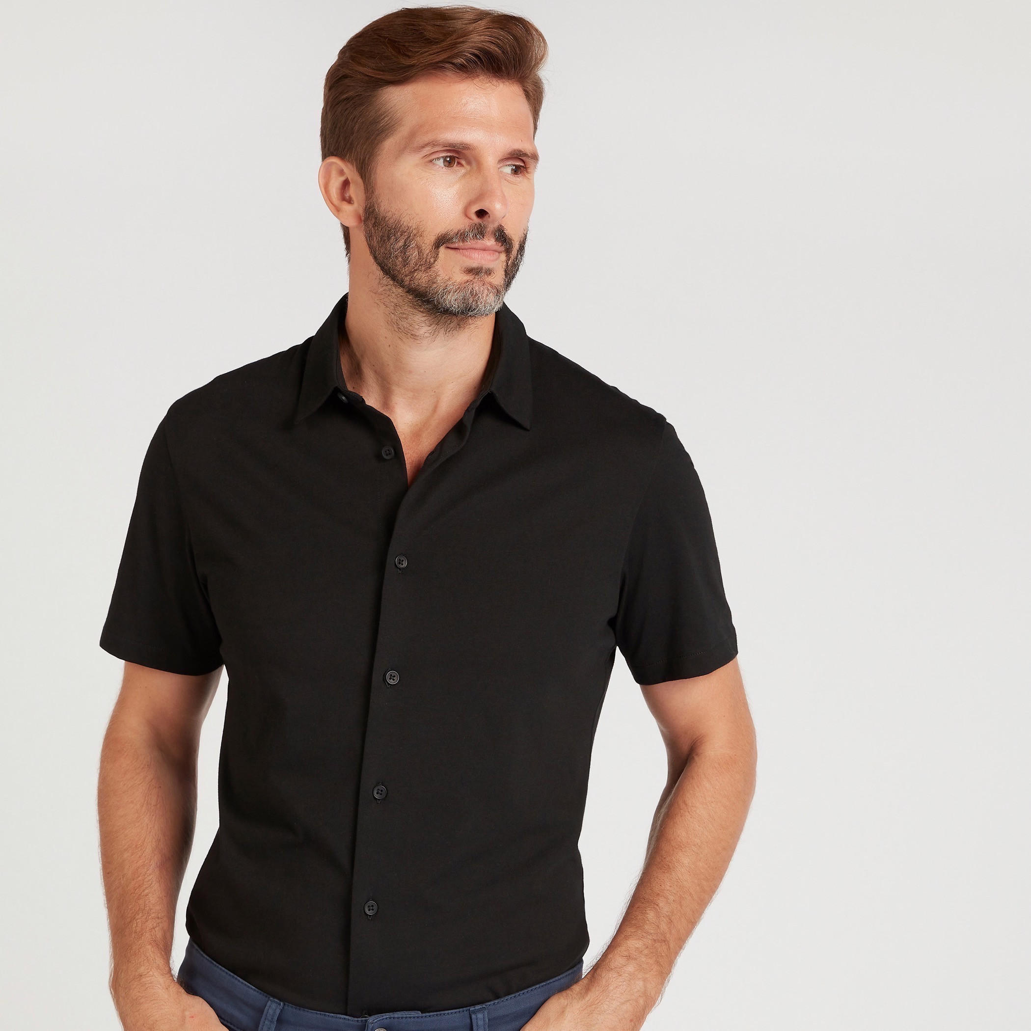 Solid Collared Shirt with Short Sleeves-men-clothing-shirts-image-1