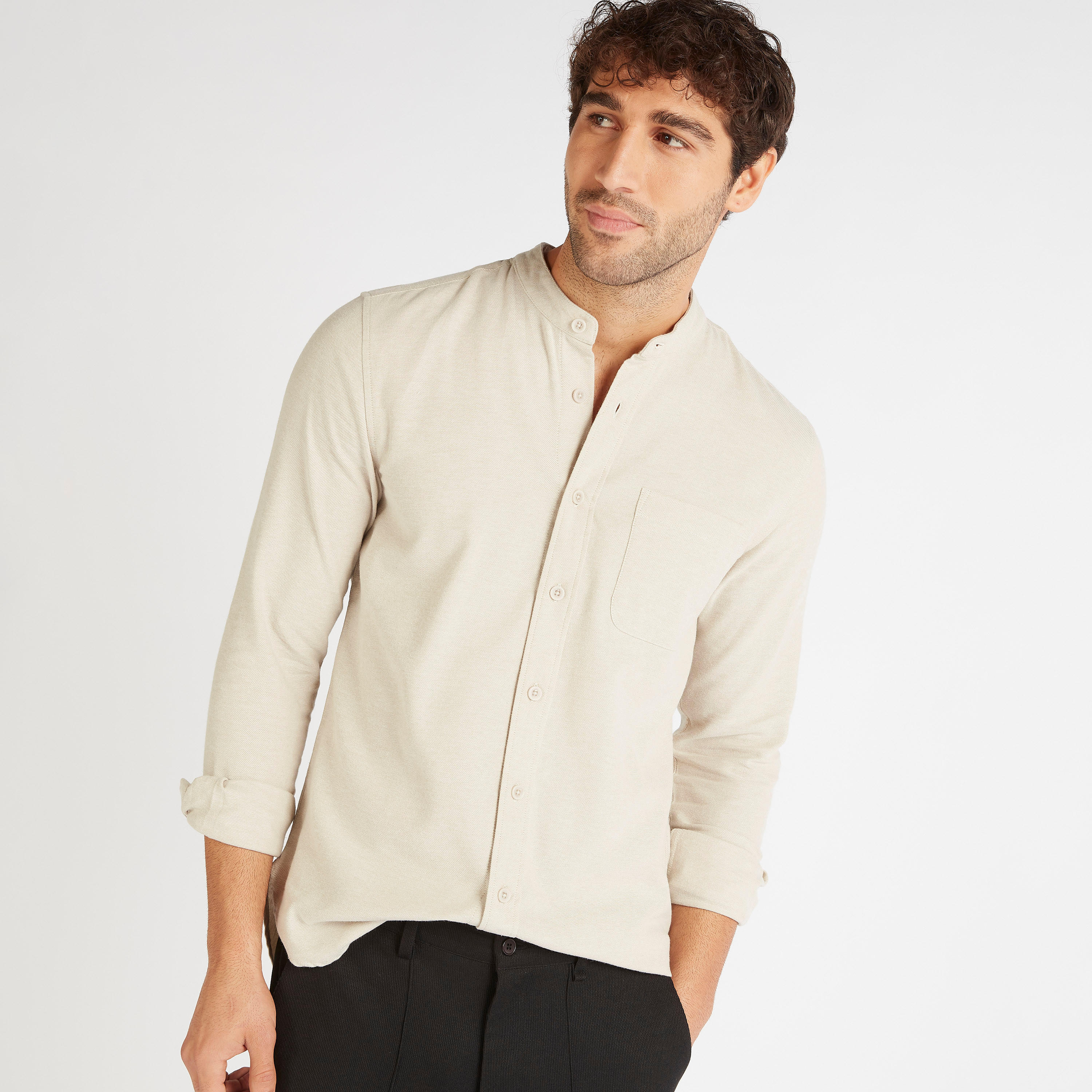 قميص سادة بياقة ماندارين وجيب-men-clothing-shirts-image-1