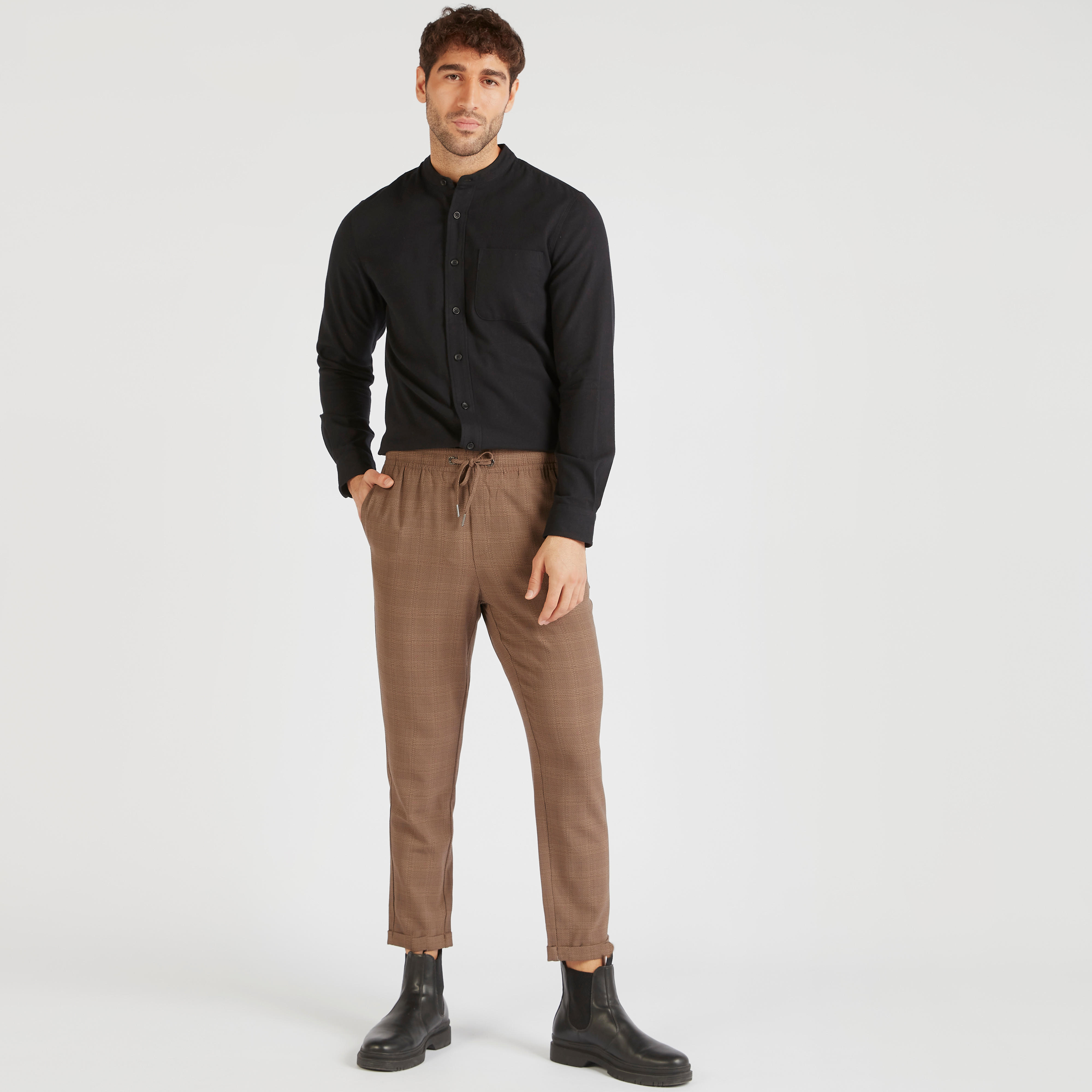 قميص سليم كاروهات بياقة ماندارين وأكمام طويلة-men-clothing-shirts-image-4