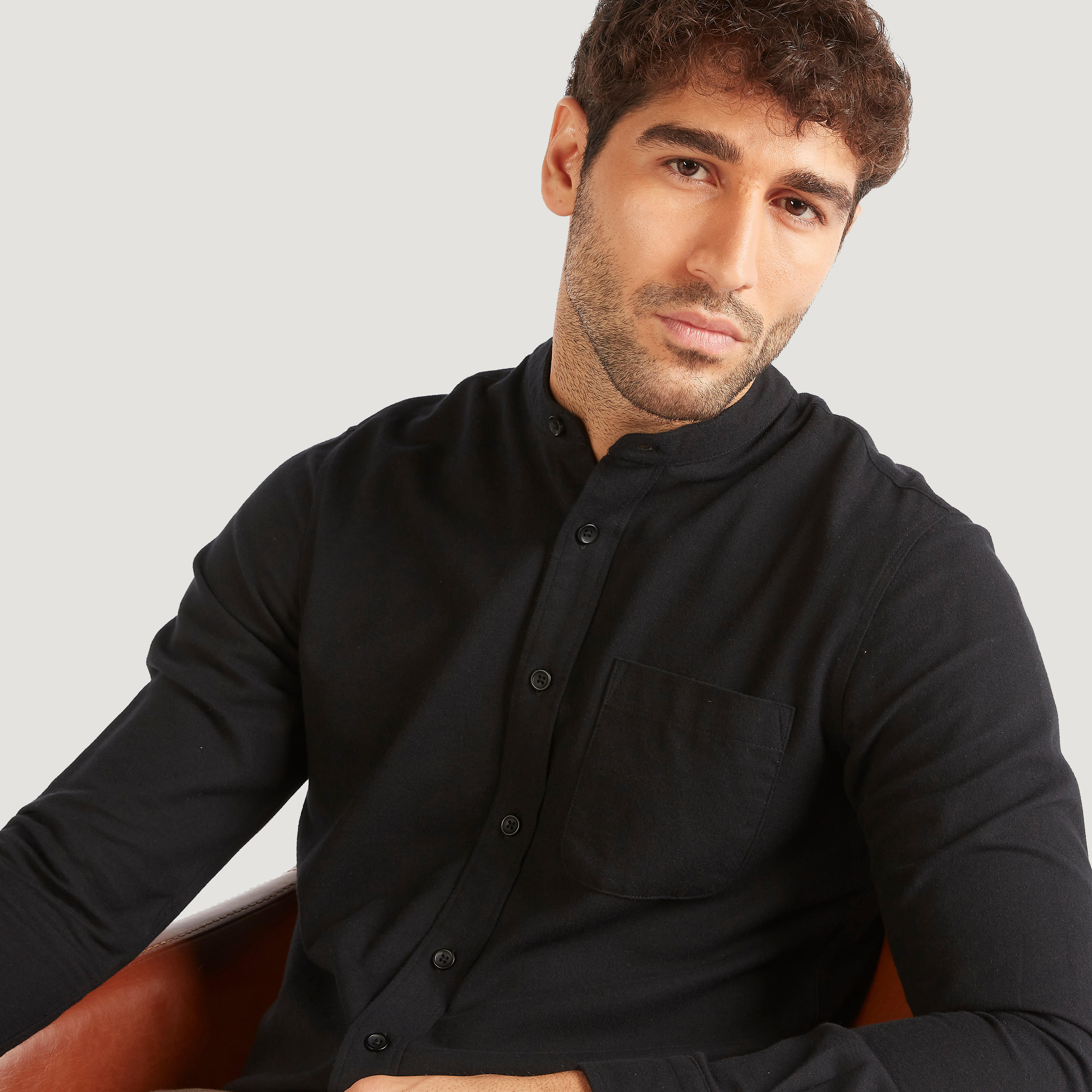 قميص سليم كاروهات بياقة ماندارين وأكمام طويلة-men-clothing-shirts-image-3
