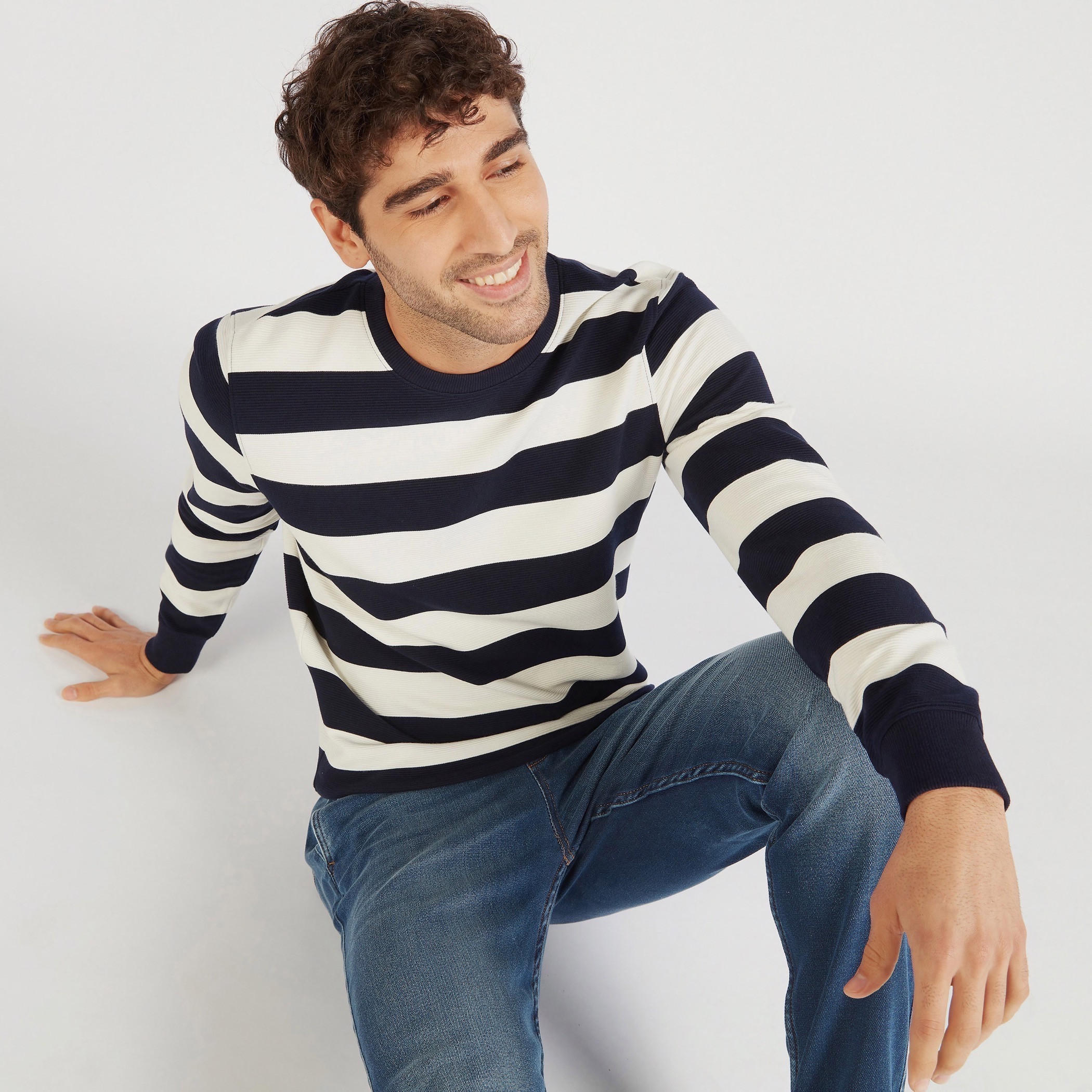 Striped Crew Neck Sweatshirt with Long Sleeves-men-winterwear-hoodiesandsweatshirts-image-1