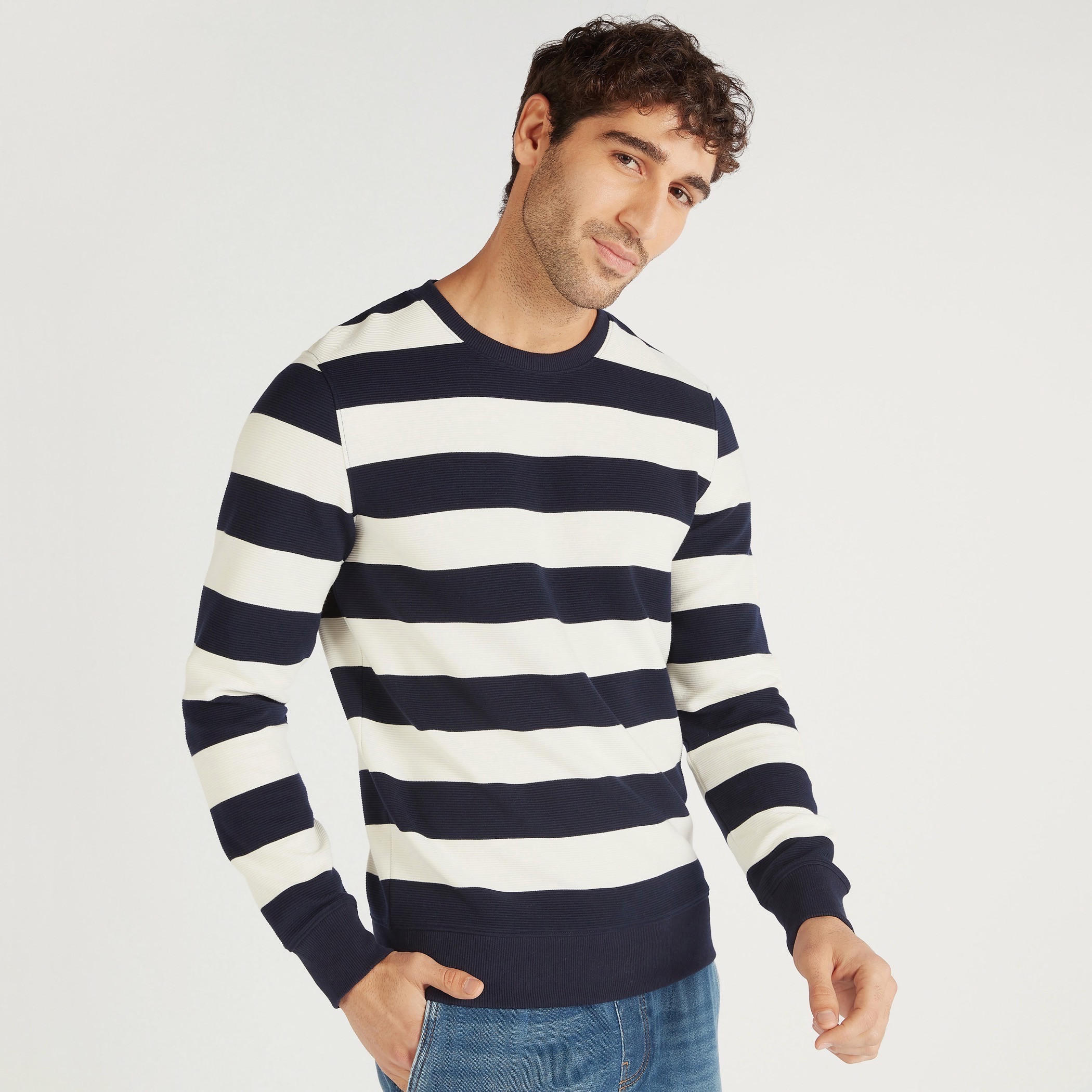 Striped Crew Neck Sweatshirt with Long Sleeves-men-winterwear-hoodiesandsweatshirts-image-5