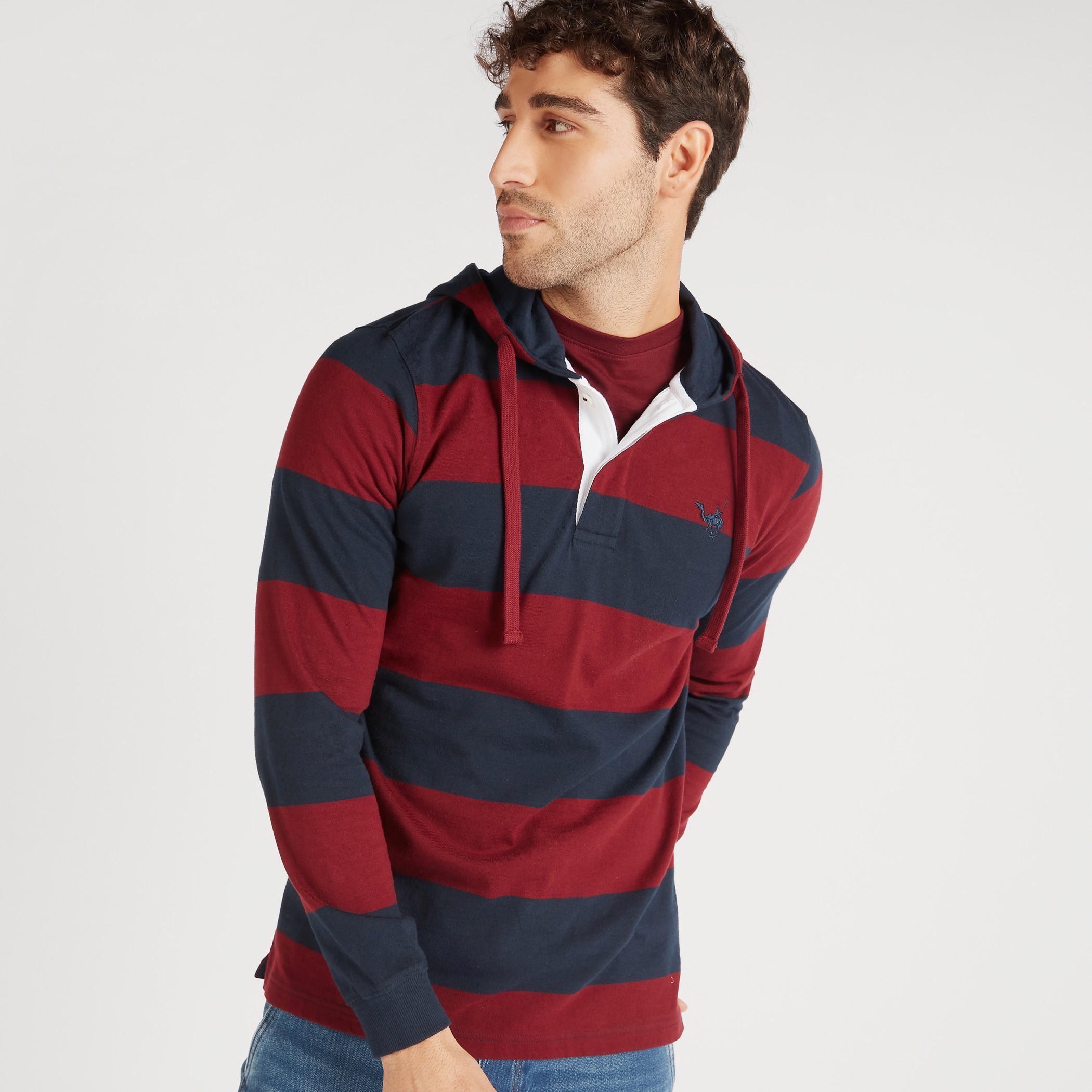 تيشيرت مقلّم بأكمام طويلة وياقة بزر-men-clothing-tshirtsandpolos-tshirts-image-1