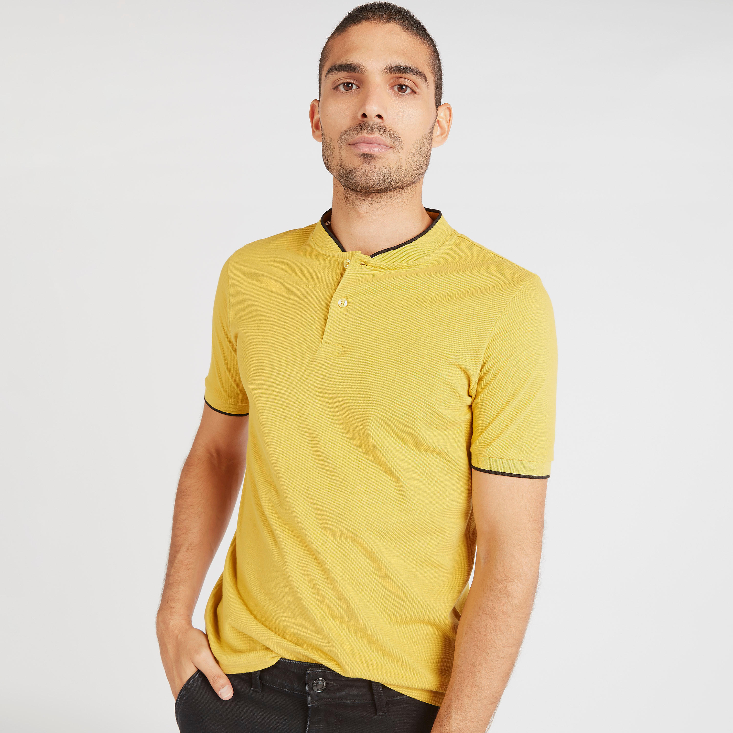 تيشيرت بولو سادة بأكمام قصيرة وياقة ماندارين-men-clothing-tshirtsandpolos-polos-image-1