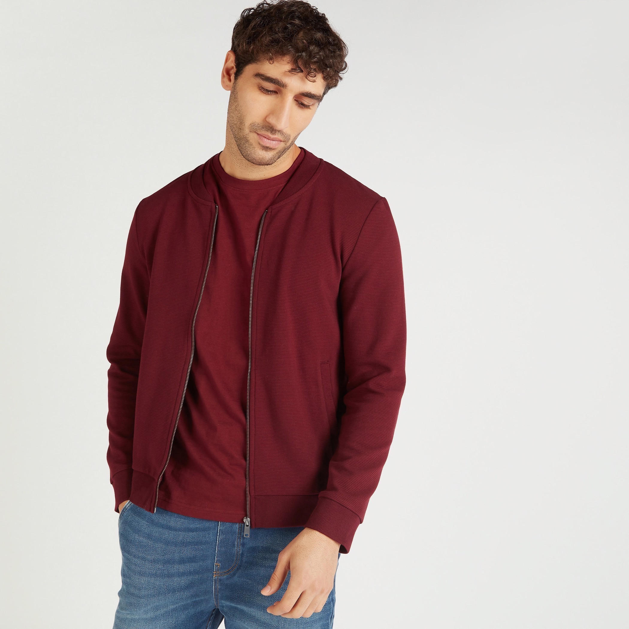 Textured Bomber Jacket with Long Sleeves and Zip Closure-men-clothing-jacketsandblazers-jackets-image-1