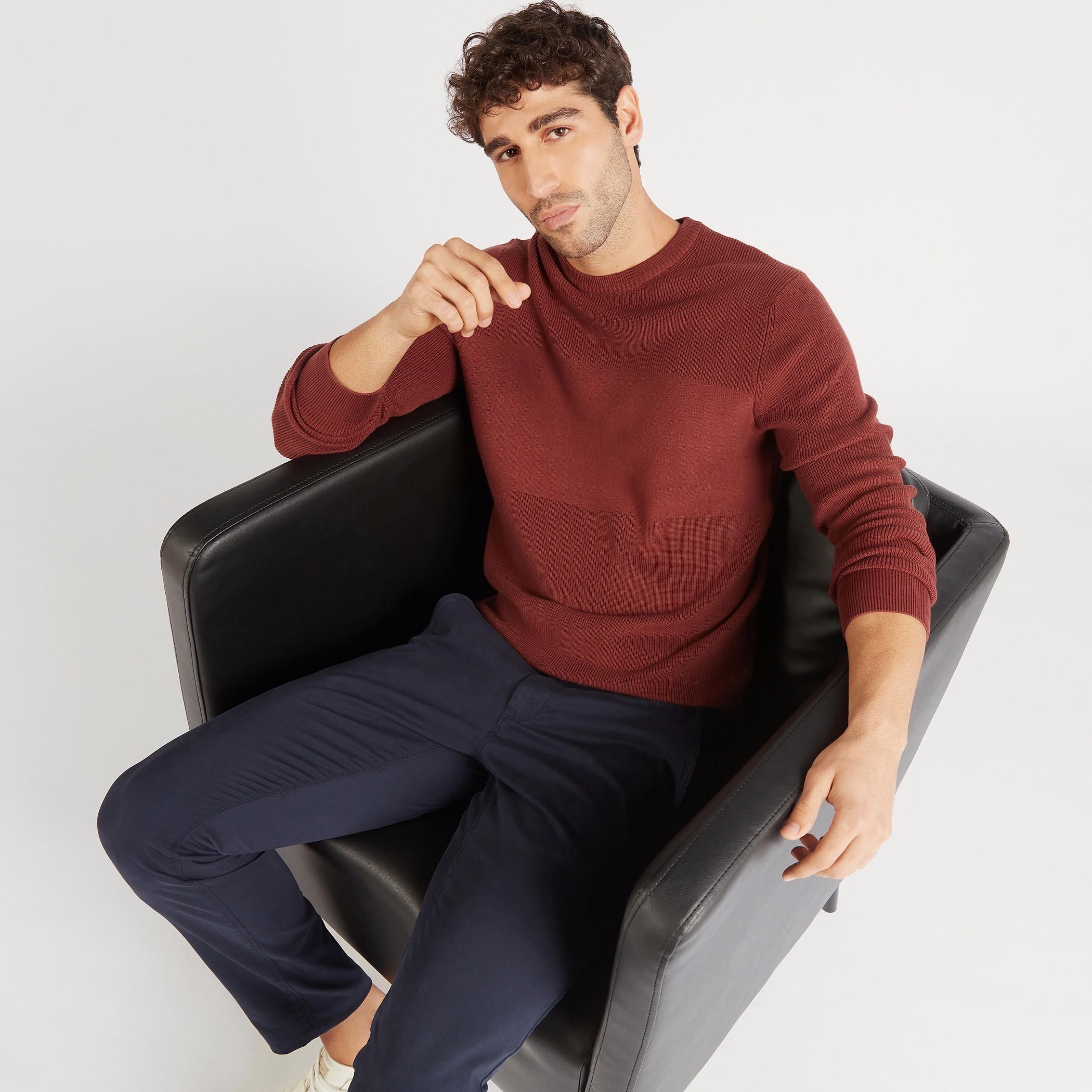 Textured Crew Neck Pullover with Long Sleeves-men-clothing-sweatersandpullovers-image-1