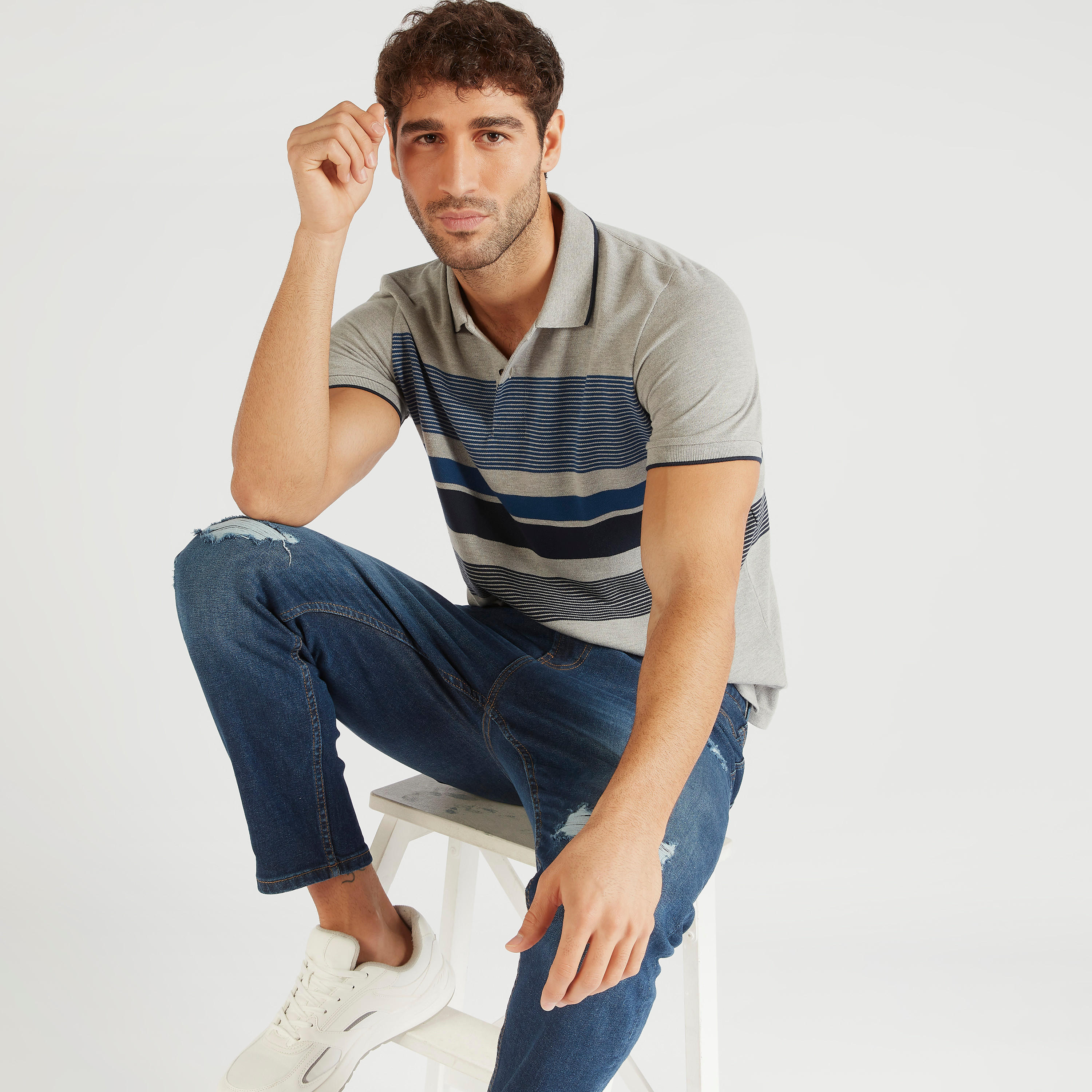 Striped Polo T-shirt with Short Sleeves-men-clothing-tshirtsandpolos-polos-image-1