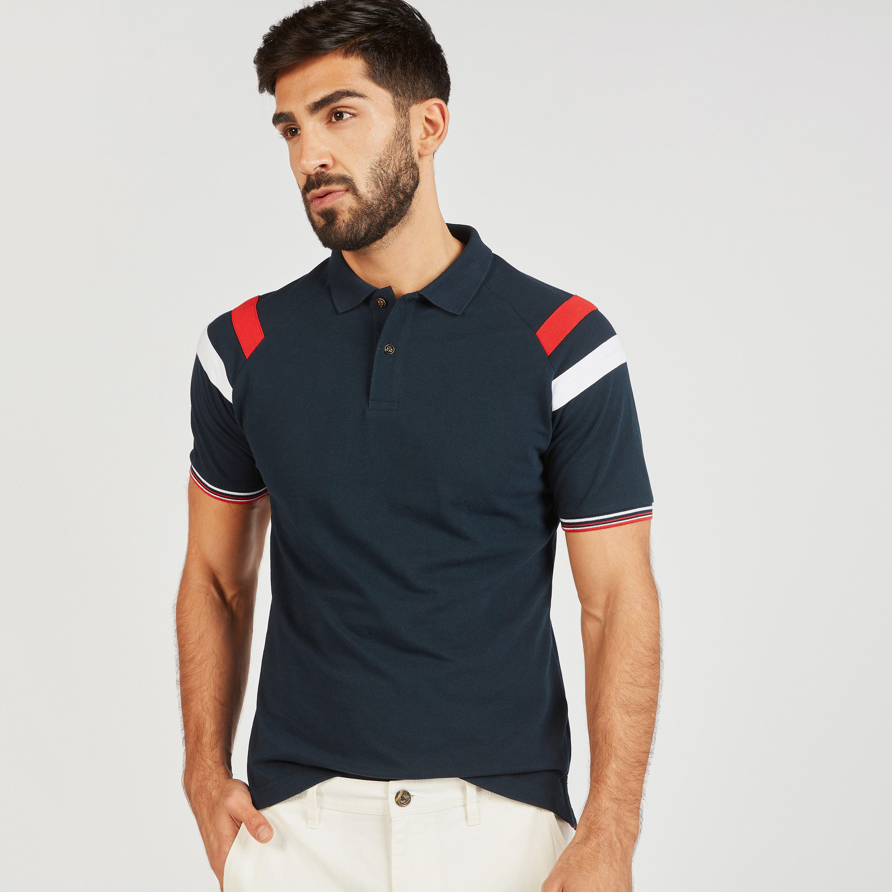 تيشيرت بولو سادة بأكمام ريجلان وتفاصيل شريطة-men-clothing-tshirtsandpolos-polos-image-1