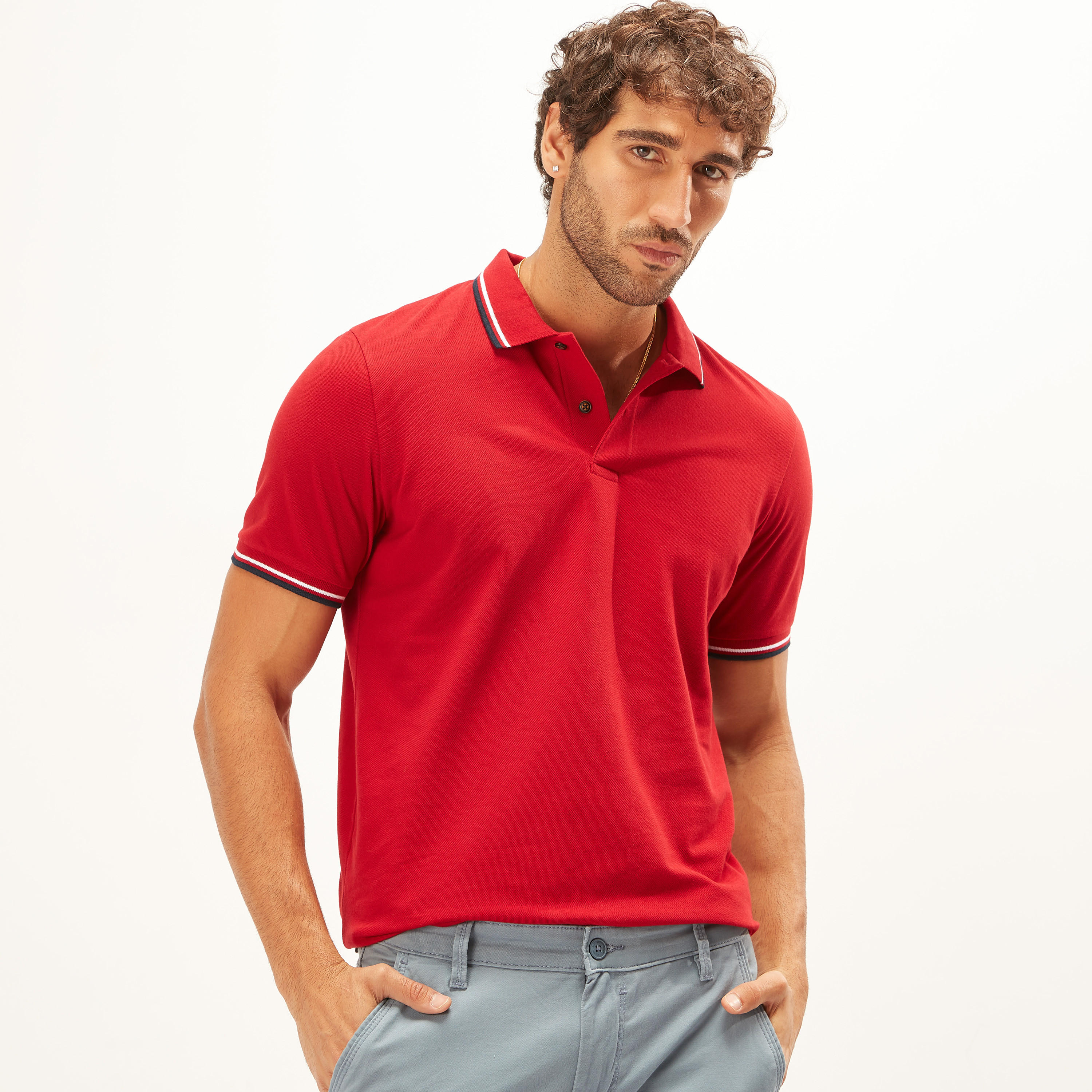 تيشيرت بولو سادة بأكمام قصيرة وتفاصيل خيوط بارزة-men-clothing-tshirtsandpolos-polos-image-14