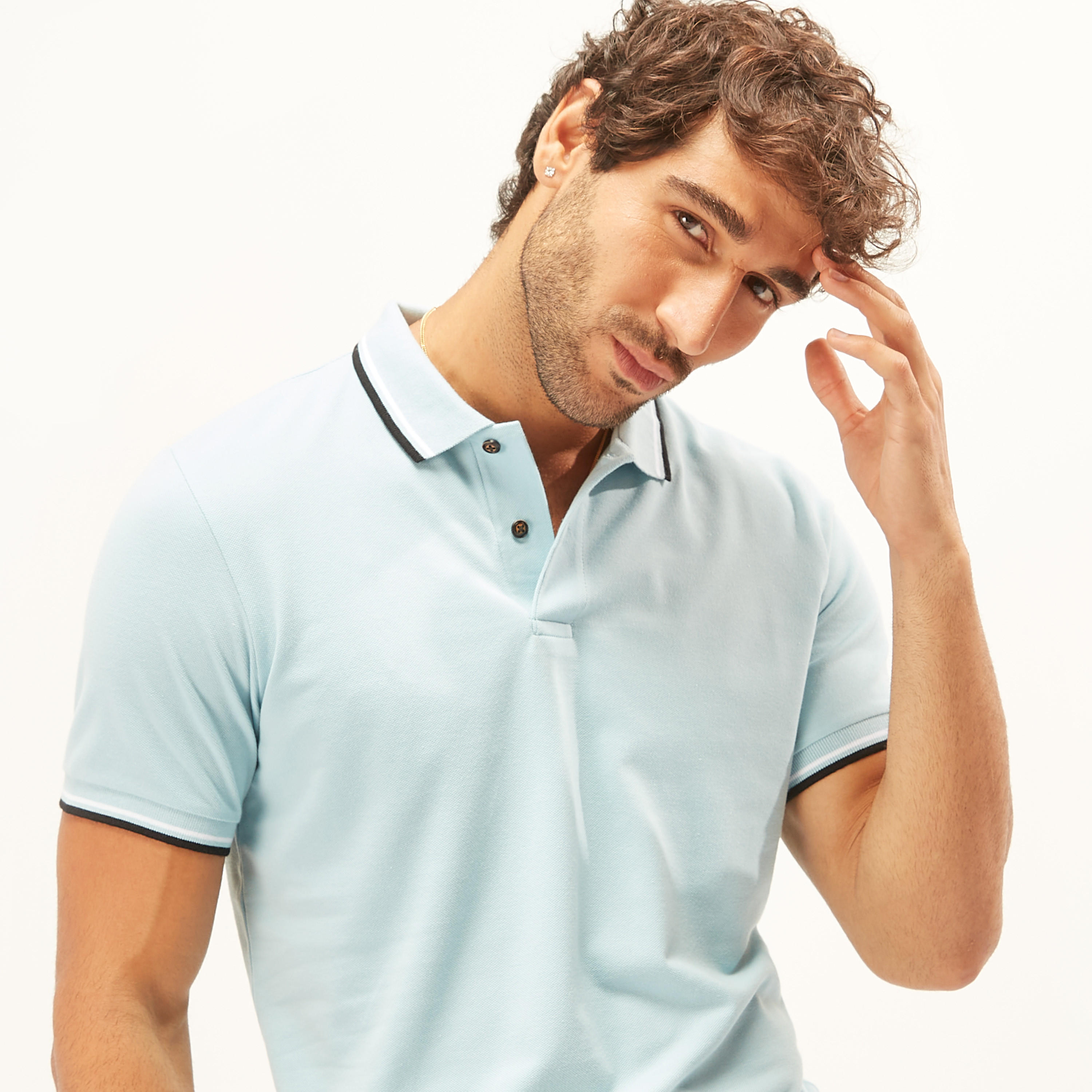 تيشيرت بولو سادة بأكمام قصيرة وتفاصيل خيوط بارزة-men-clothing-tshirtsandpolos-polos-image-18