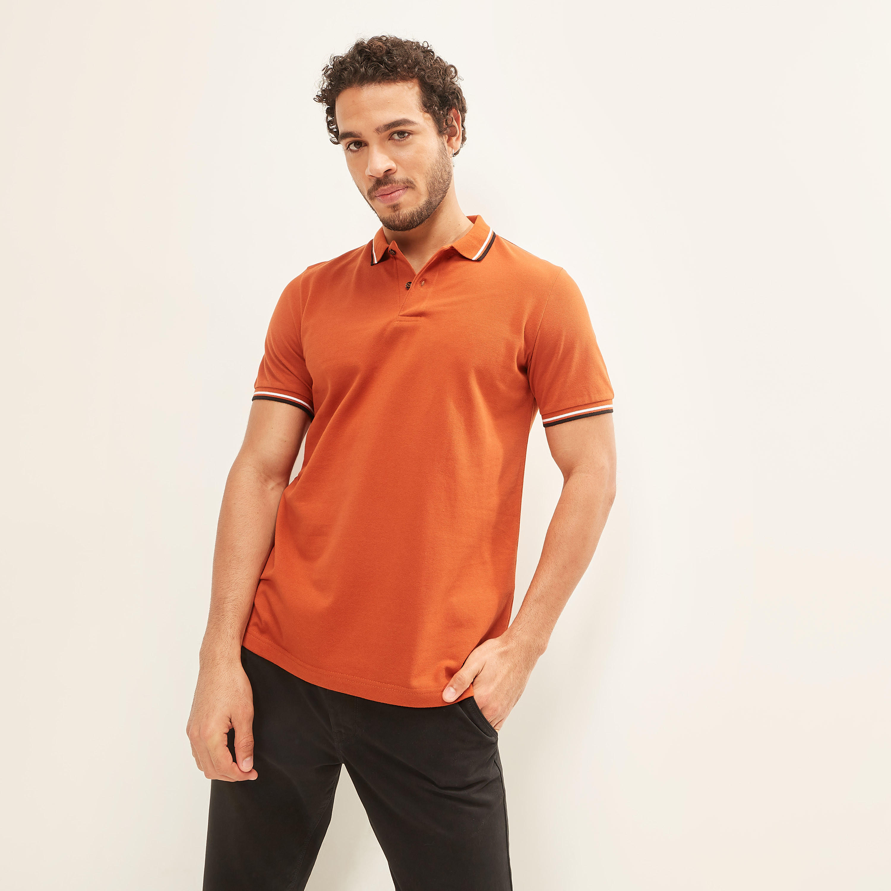 Solid Polo T-shirt with Tipping Detail and Short Sleeves-men-clothing-tshirtsandpolos-polos-image-7