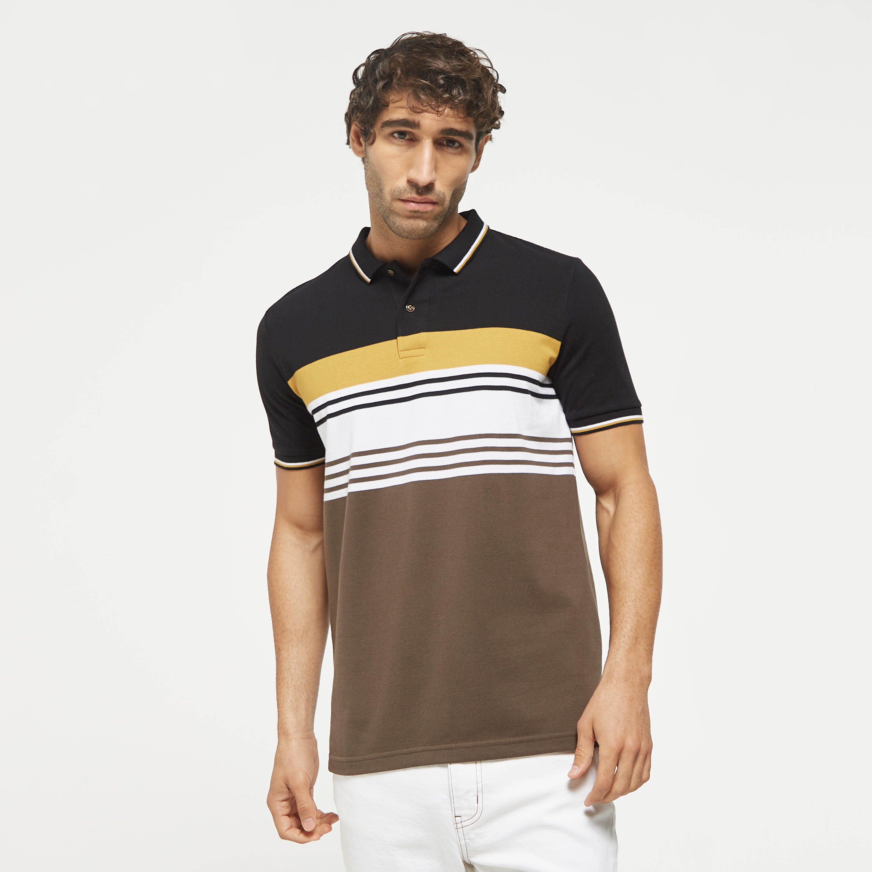 تيشيرت بولو مقلم بأكمام قصيرة وزر إغلاق-men-clothing-tshirtsandpolos-polos-image-1