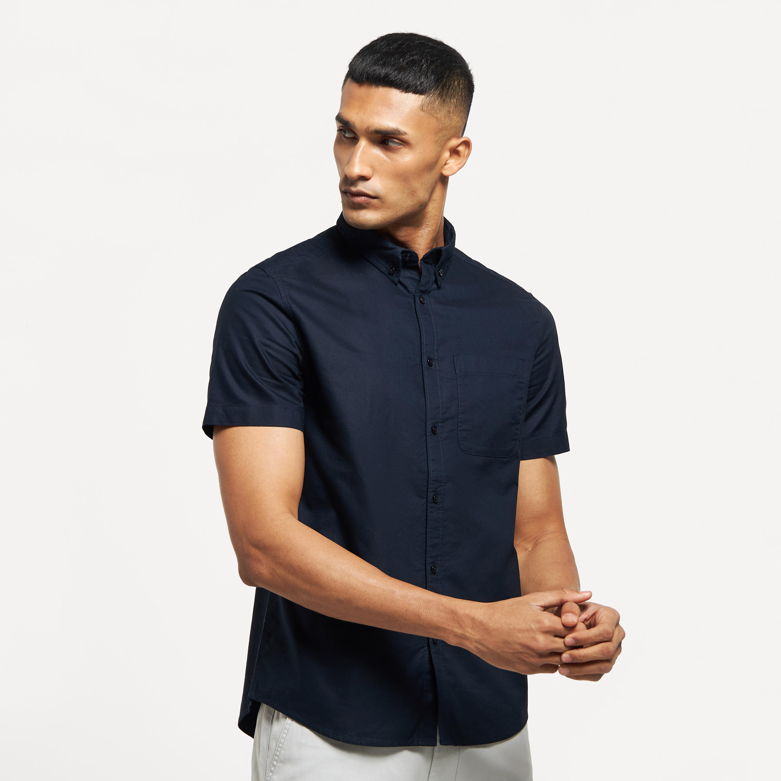 Solid Button Down Collar Shirt with Short Sleeves-men-clothing-shirts-image-5