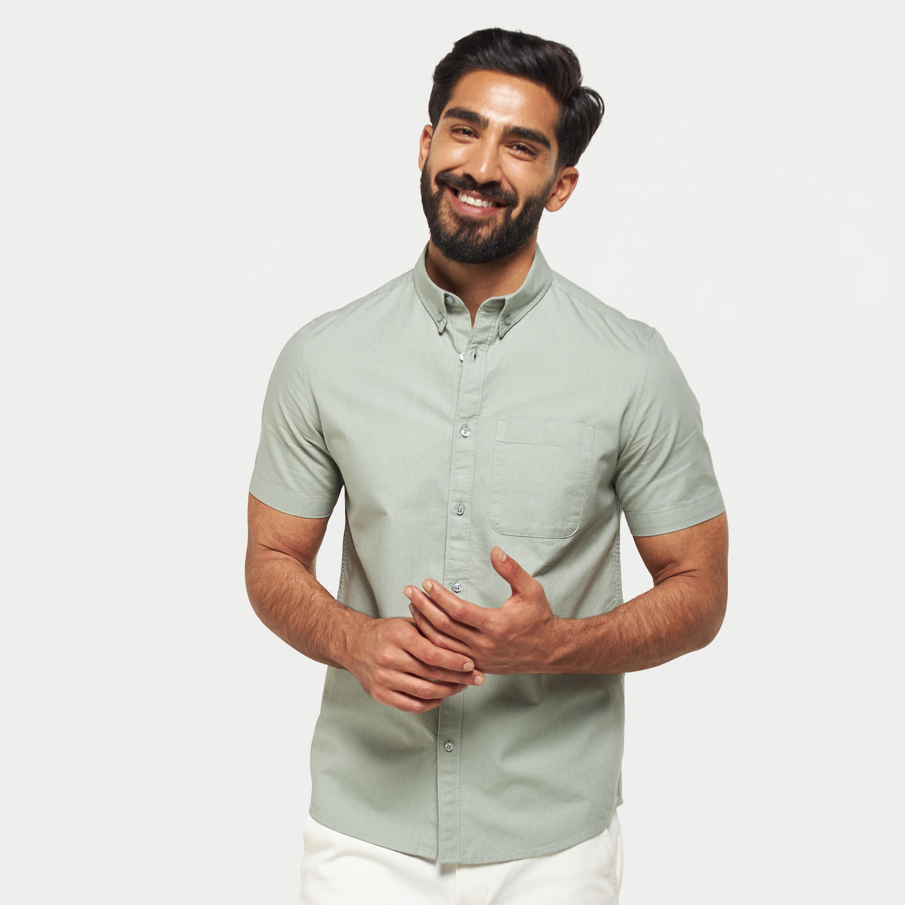 Solid Button Down Collar Shirt with Short Sleeves-men-clothing-shirts-image-1