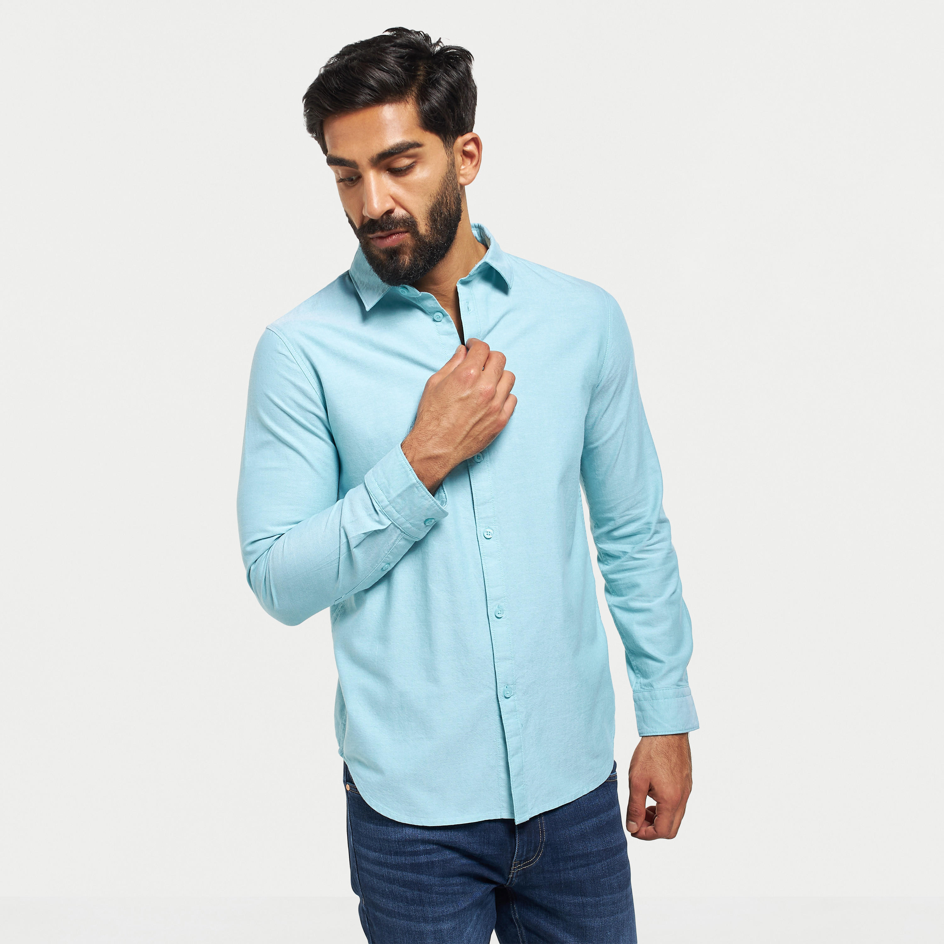 Solid Oxford Shirt with Long Sleeves-men-clothing-shirts-image-1