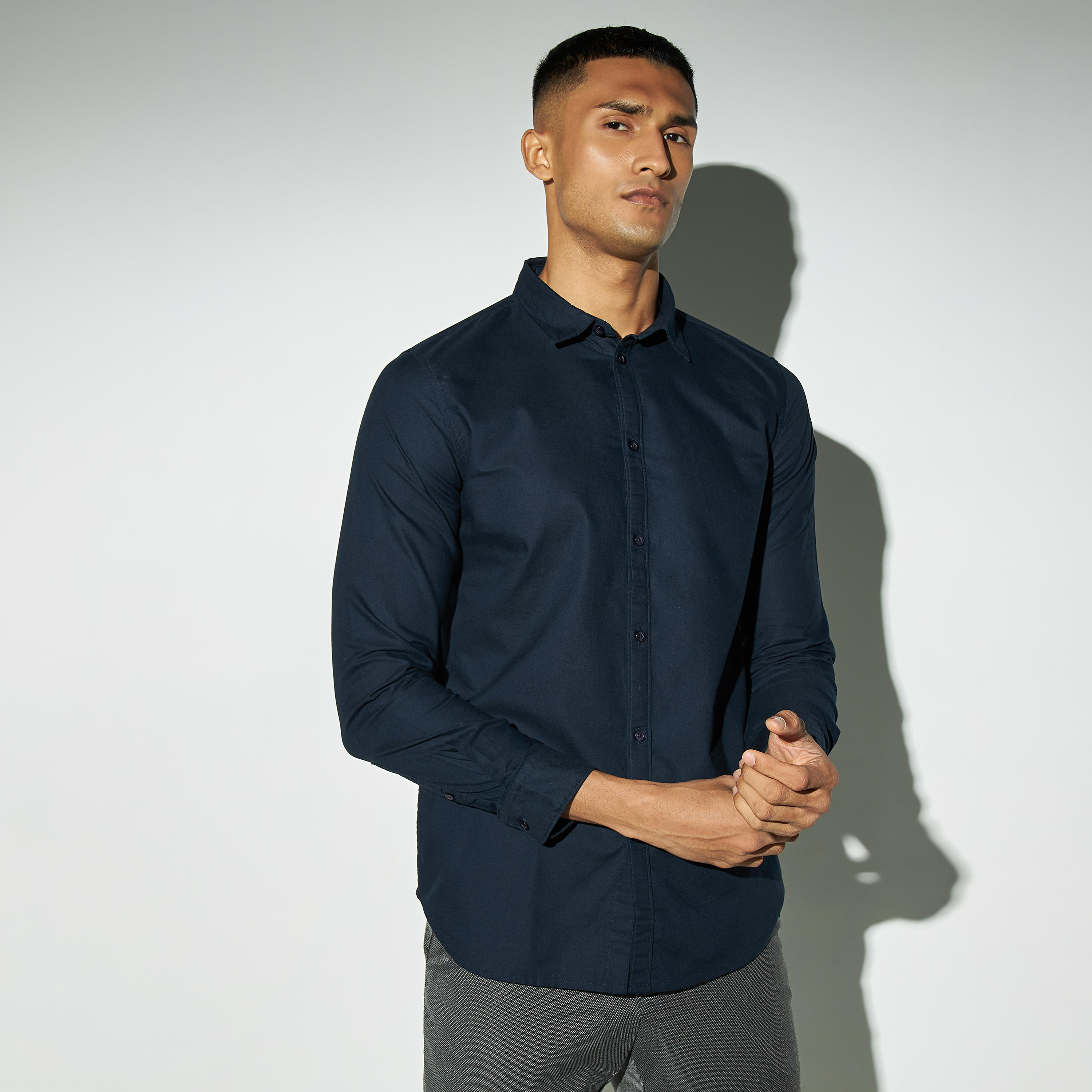 Solid Oxford Shirt with Long Sleeves-men-clothing-shirts-image-1