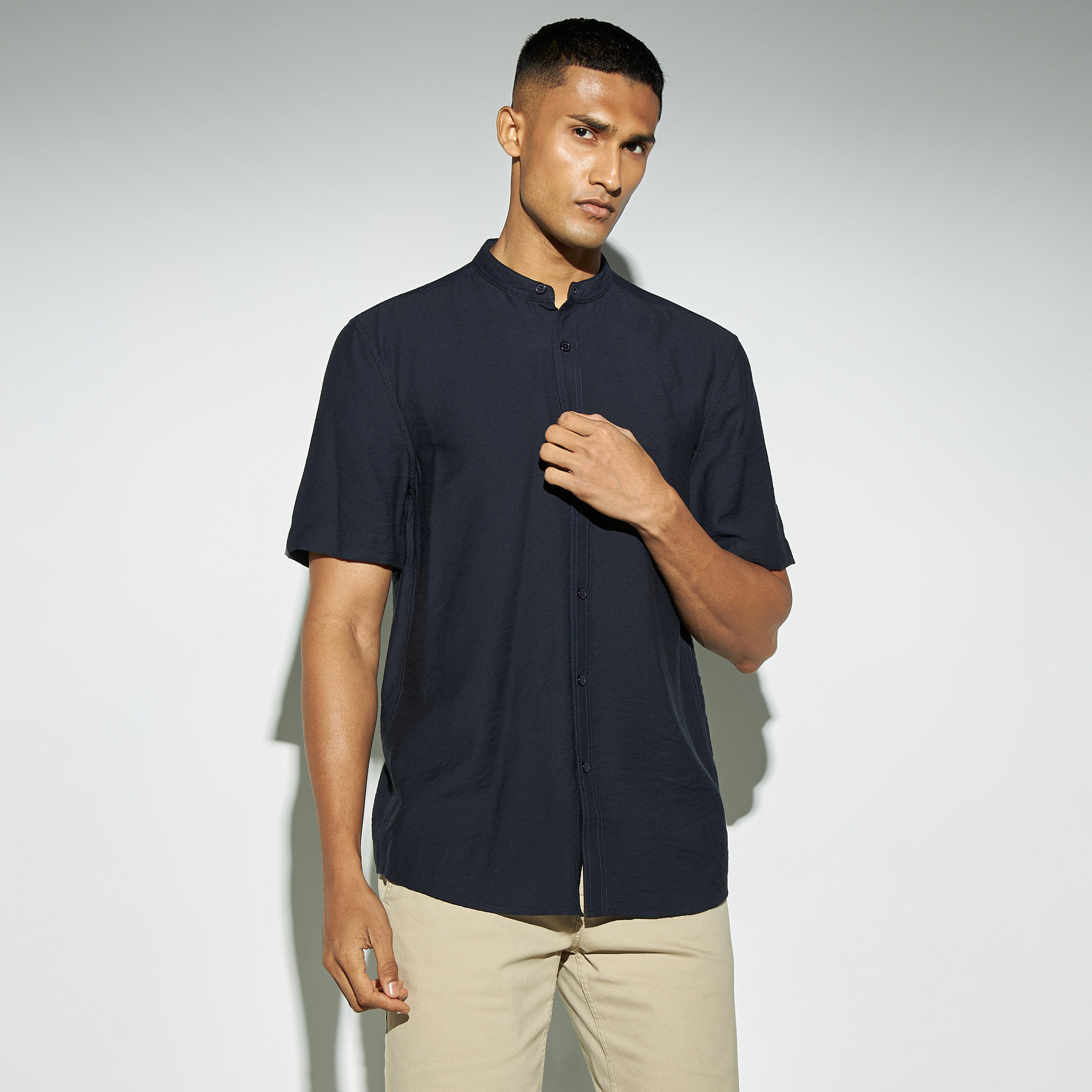 Solid Shirt with Band Collar and Short Sleeves-men-clothing-shirts-image-1