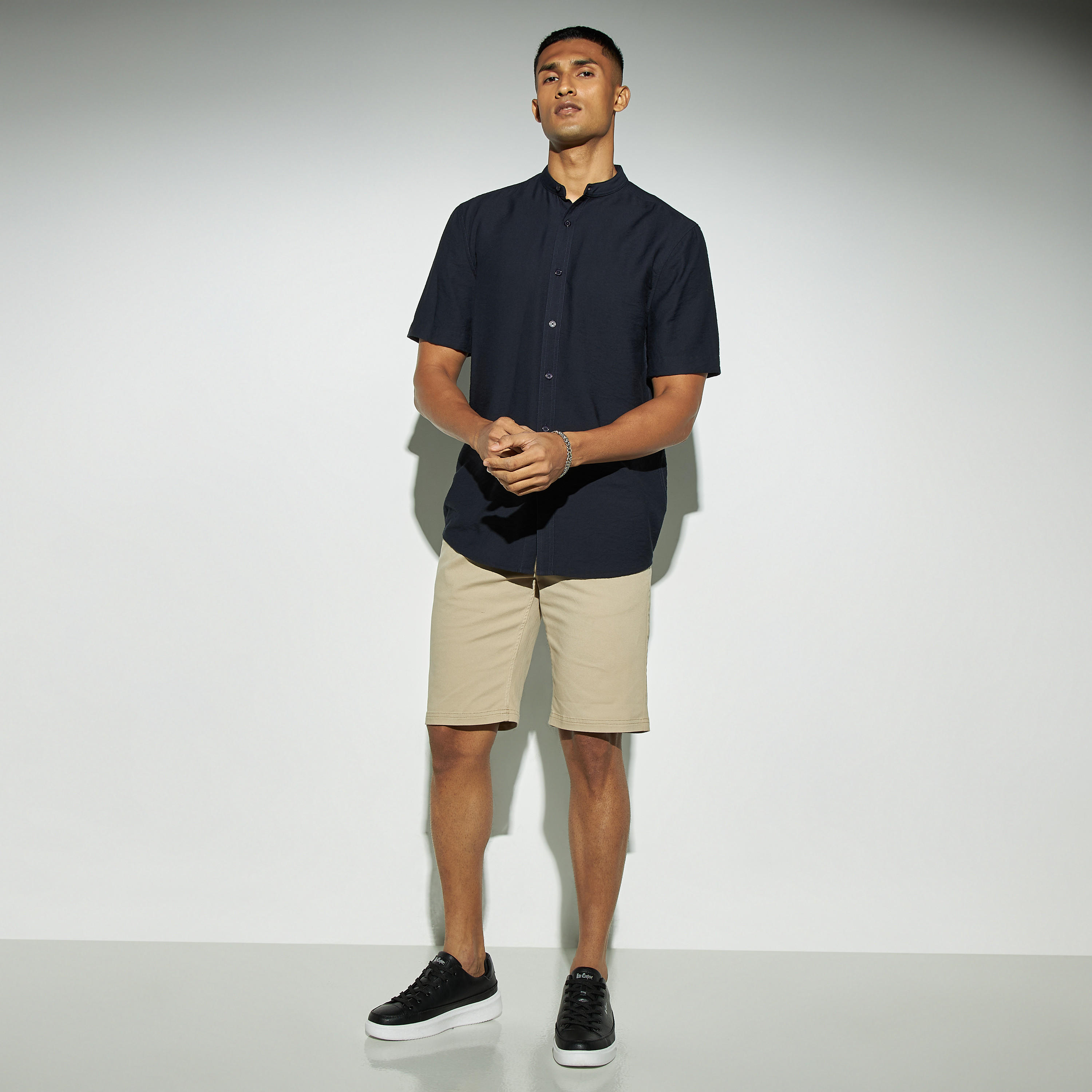 Solid Shirt with Band Collar and Short Sleeves-men-clothing-shirts-image-2