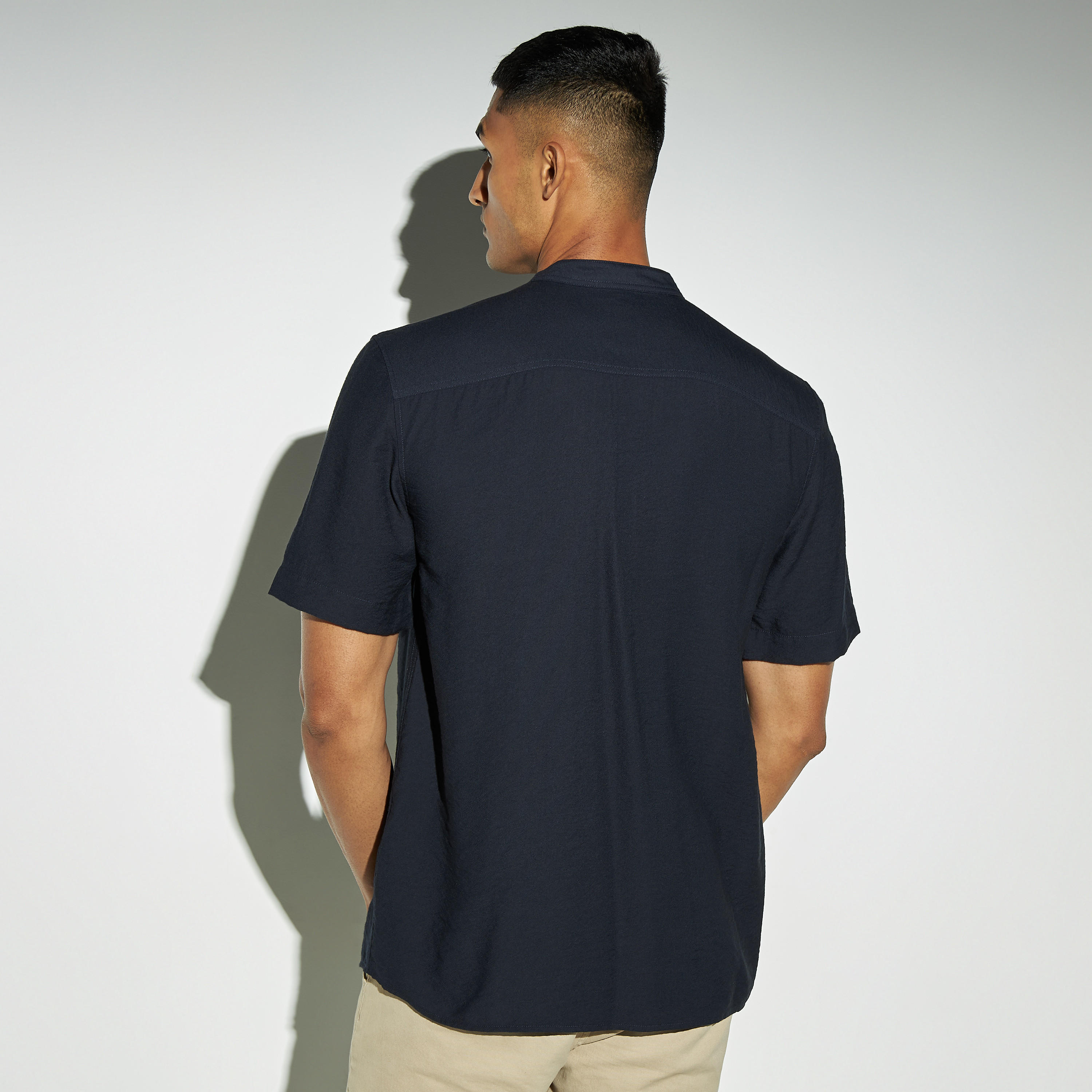 Solid Shirt with Band Collar and Short Sleeves-men-clothing-shirts-image-3