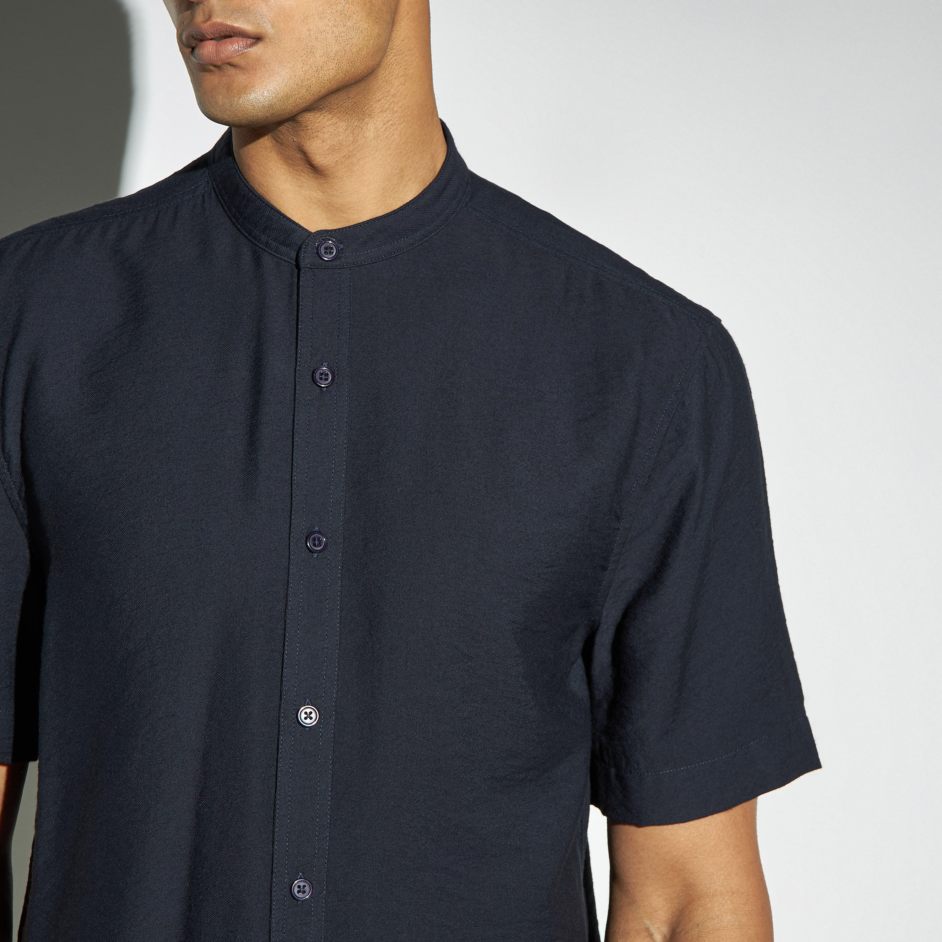 Solid Shirt with Band Collar and Short Sleeves-men-clothing-shirts-image-4
