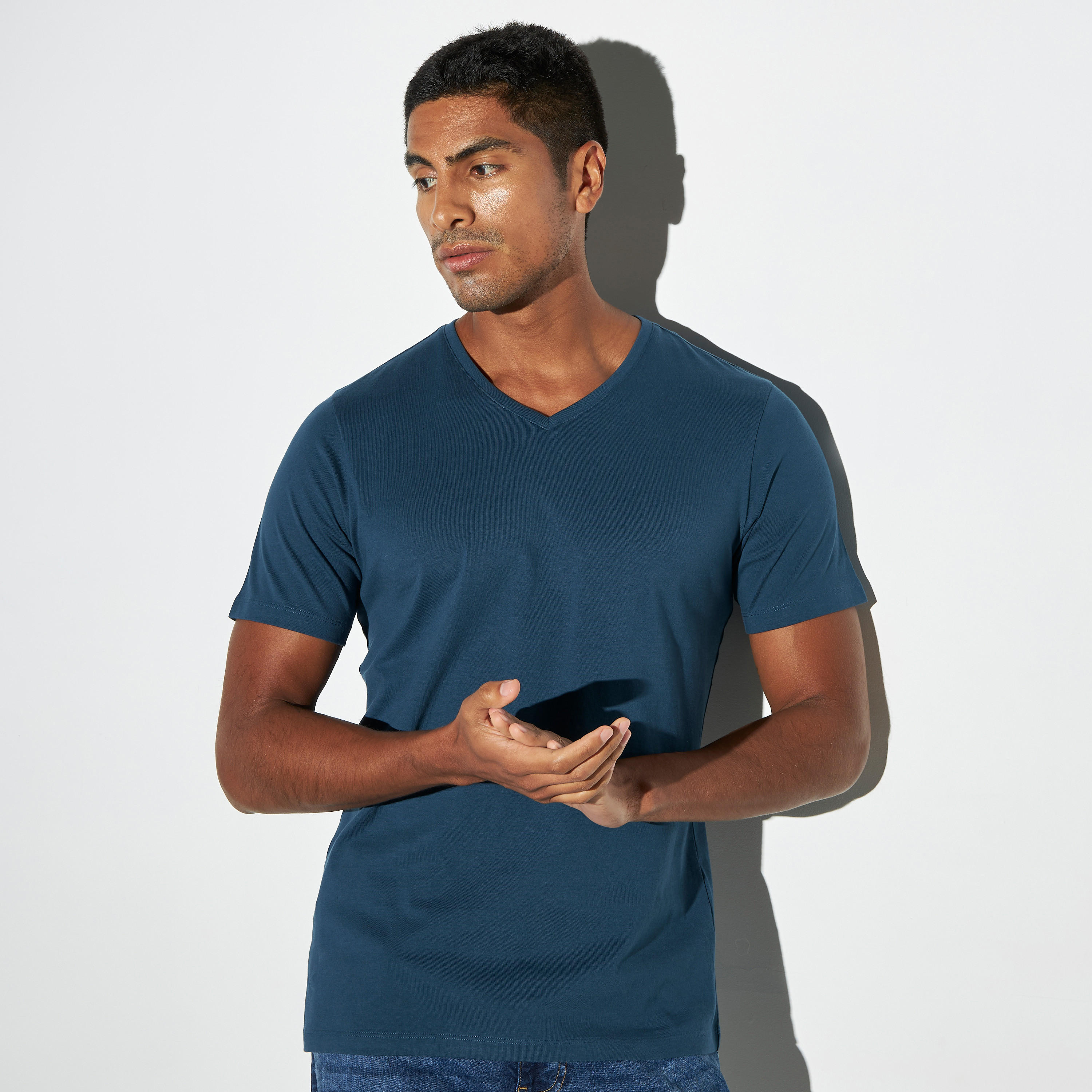 Solid V-neck T-shirt with Short Sleeves-men-clothing-tshirtsandpolos-tshirts-image-1