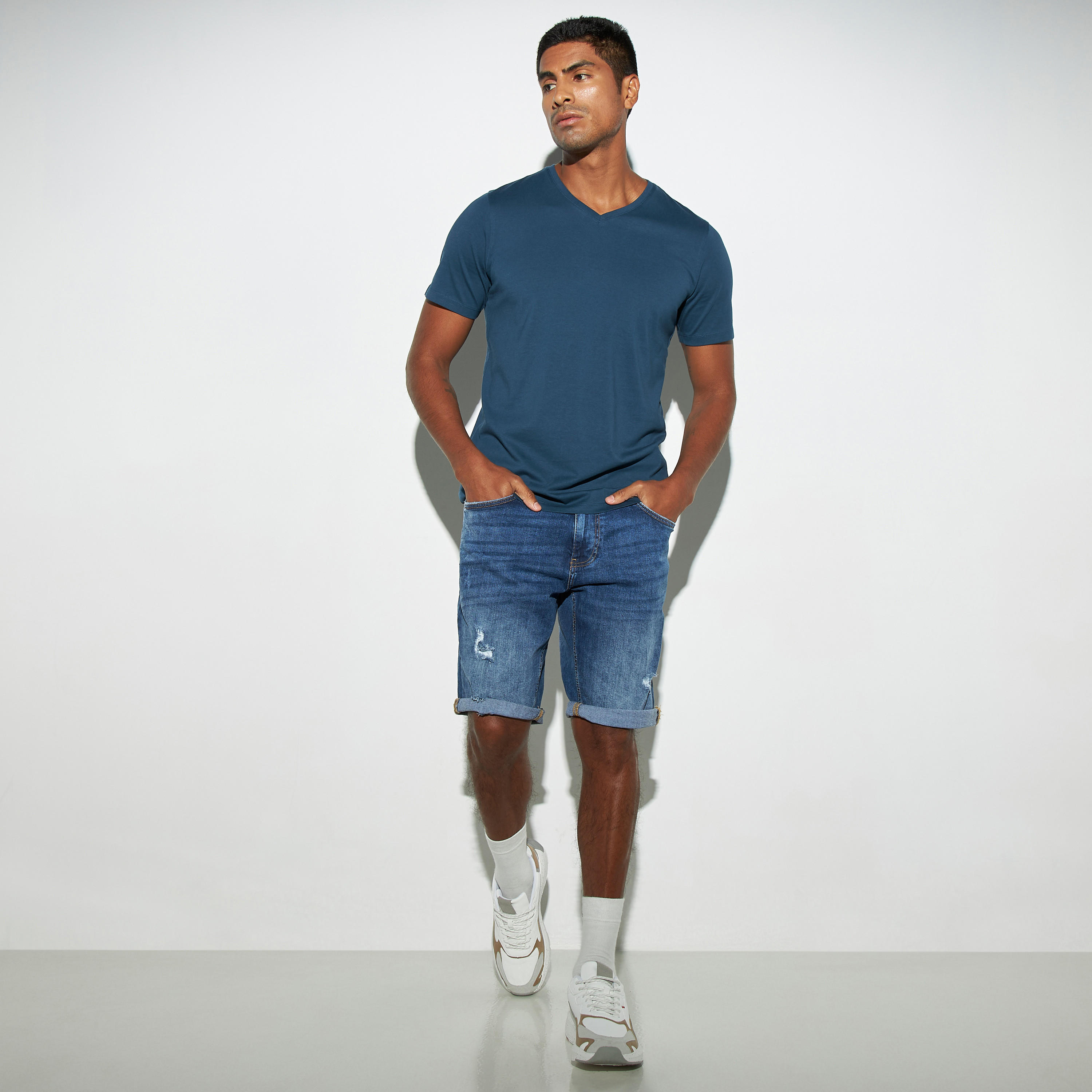 Solid V-neck T-shirt with Short Sleeves-men-clothing-tshirtsandpolos-tshirts-image-2