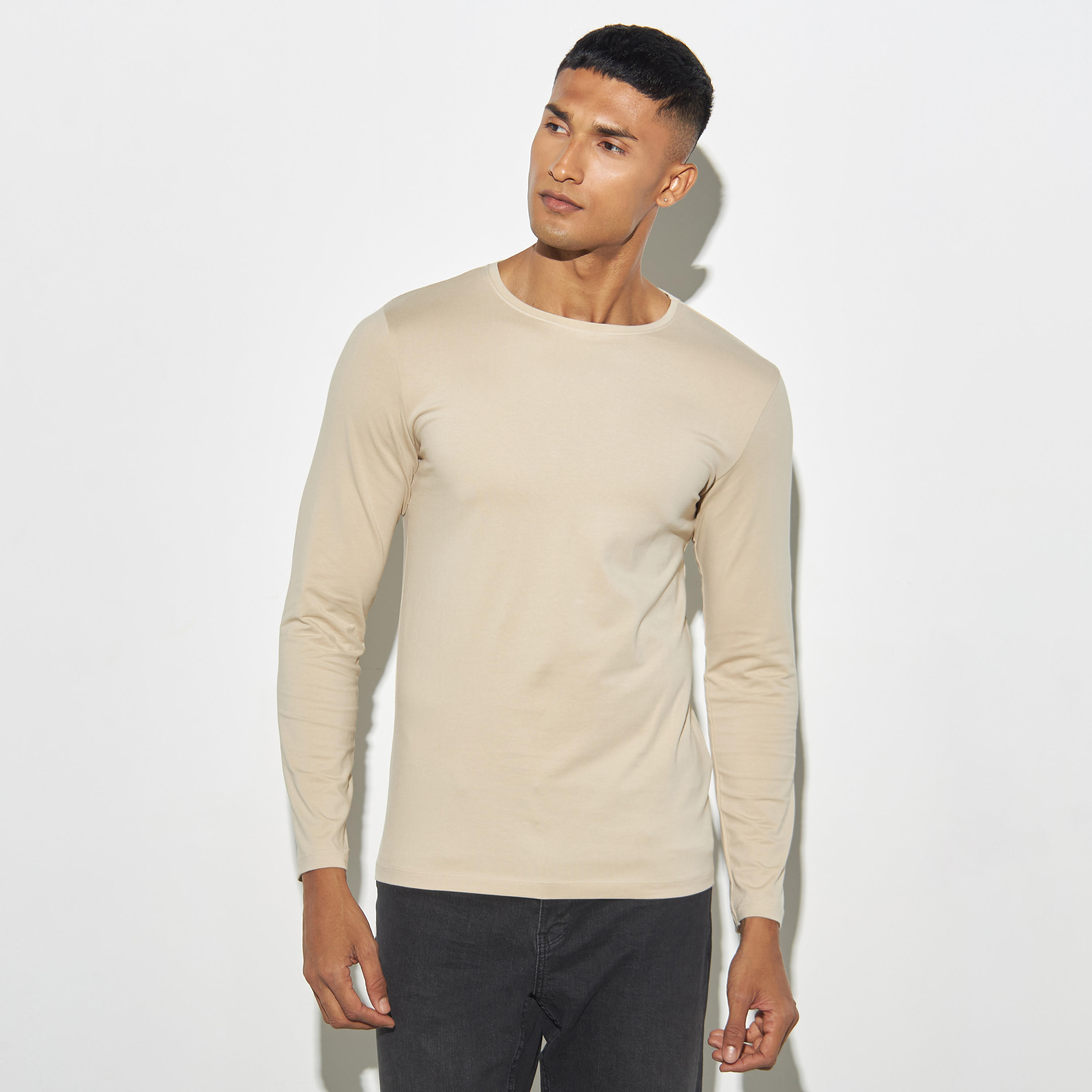 Solid Crew Neck T-shirt with Long Sleeves-men-clothing-tshirtsandpolos-tshirts-image-1