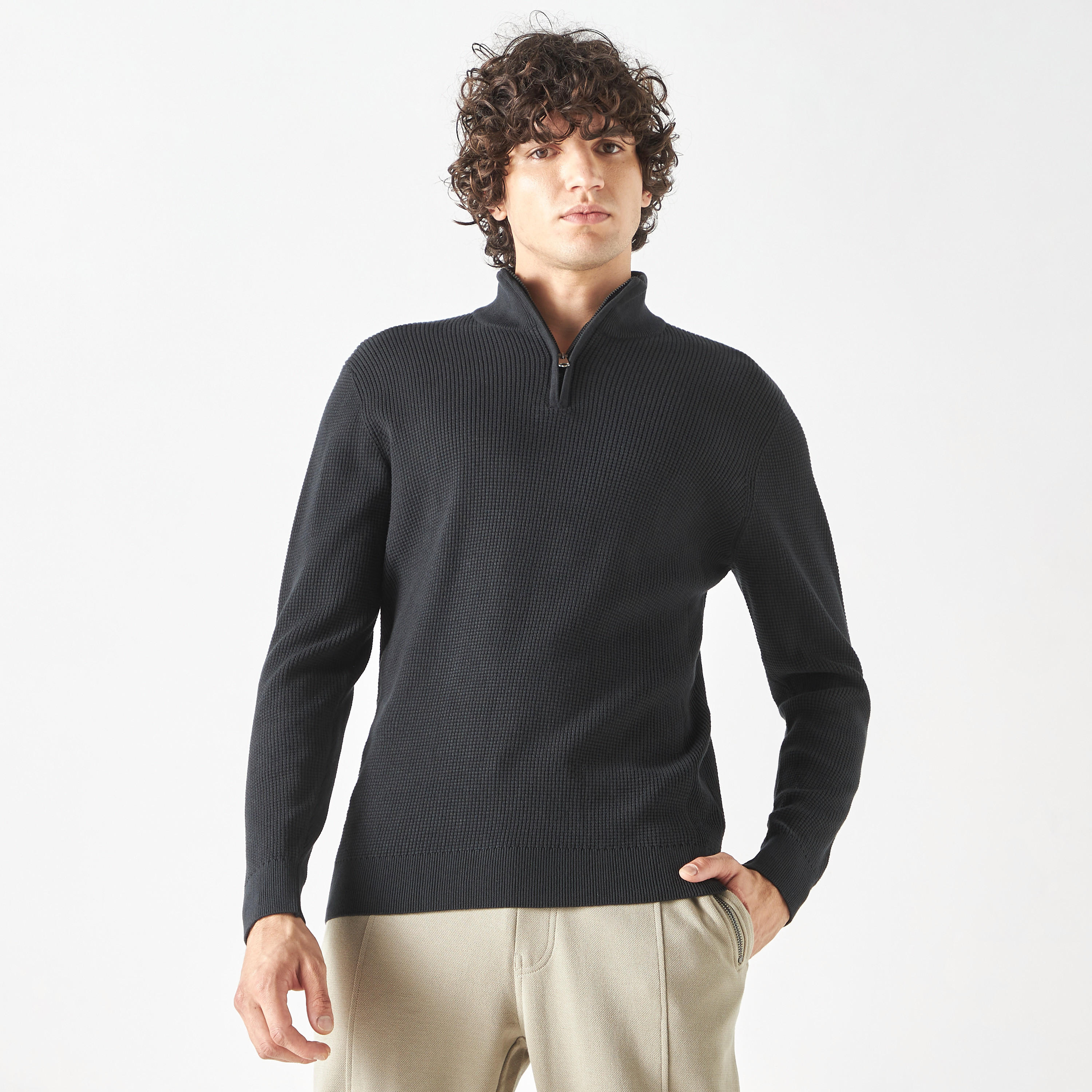 Shop Textured High Neck Sweater with Zip Closure Online | Splash UAE