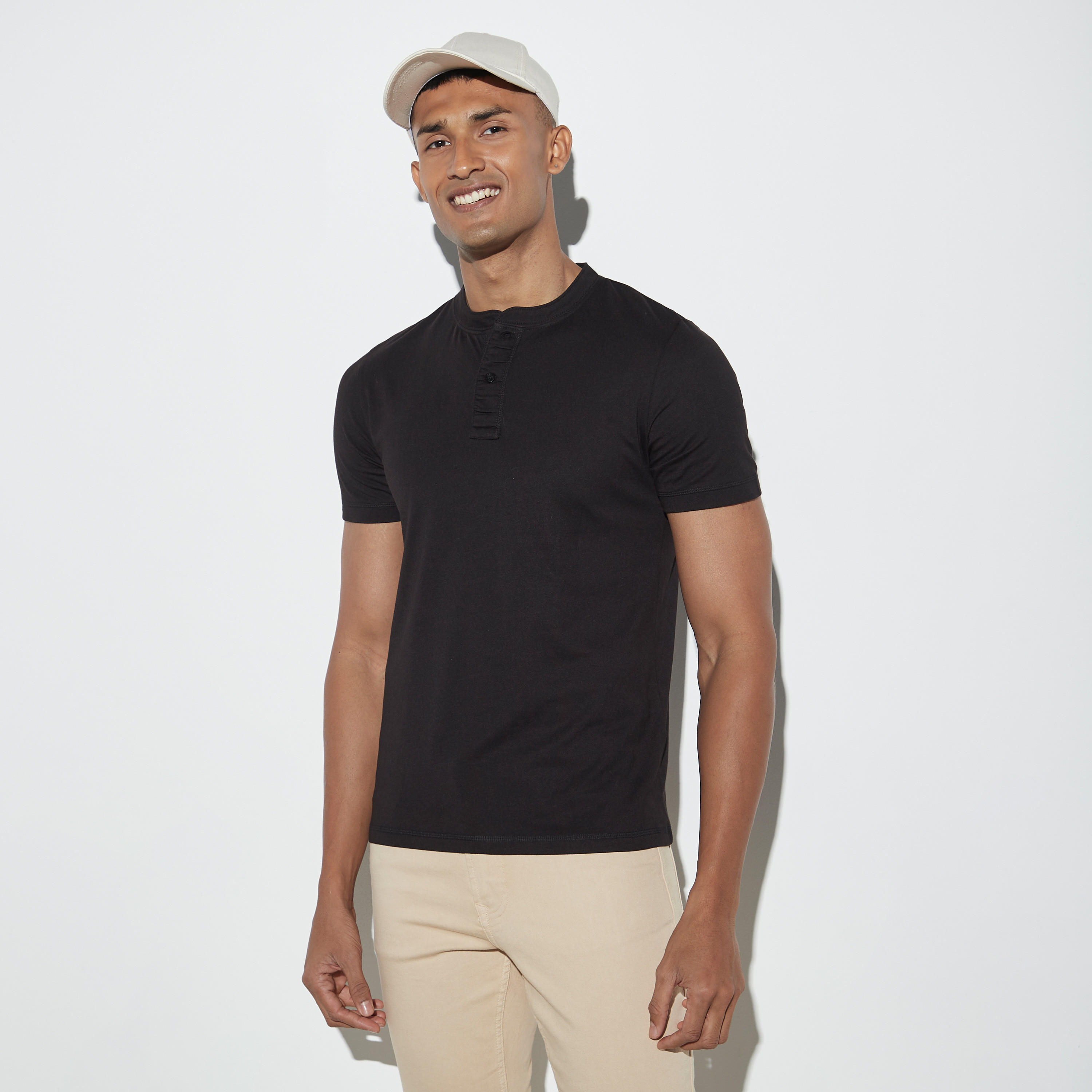 Solid Henley Neck T-shirt with Short Sleeves-men-clothing-tshirtsandpolos-tshirts-image-1