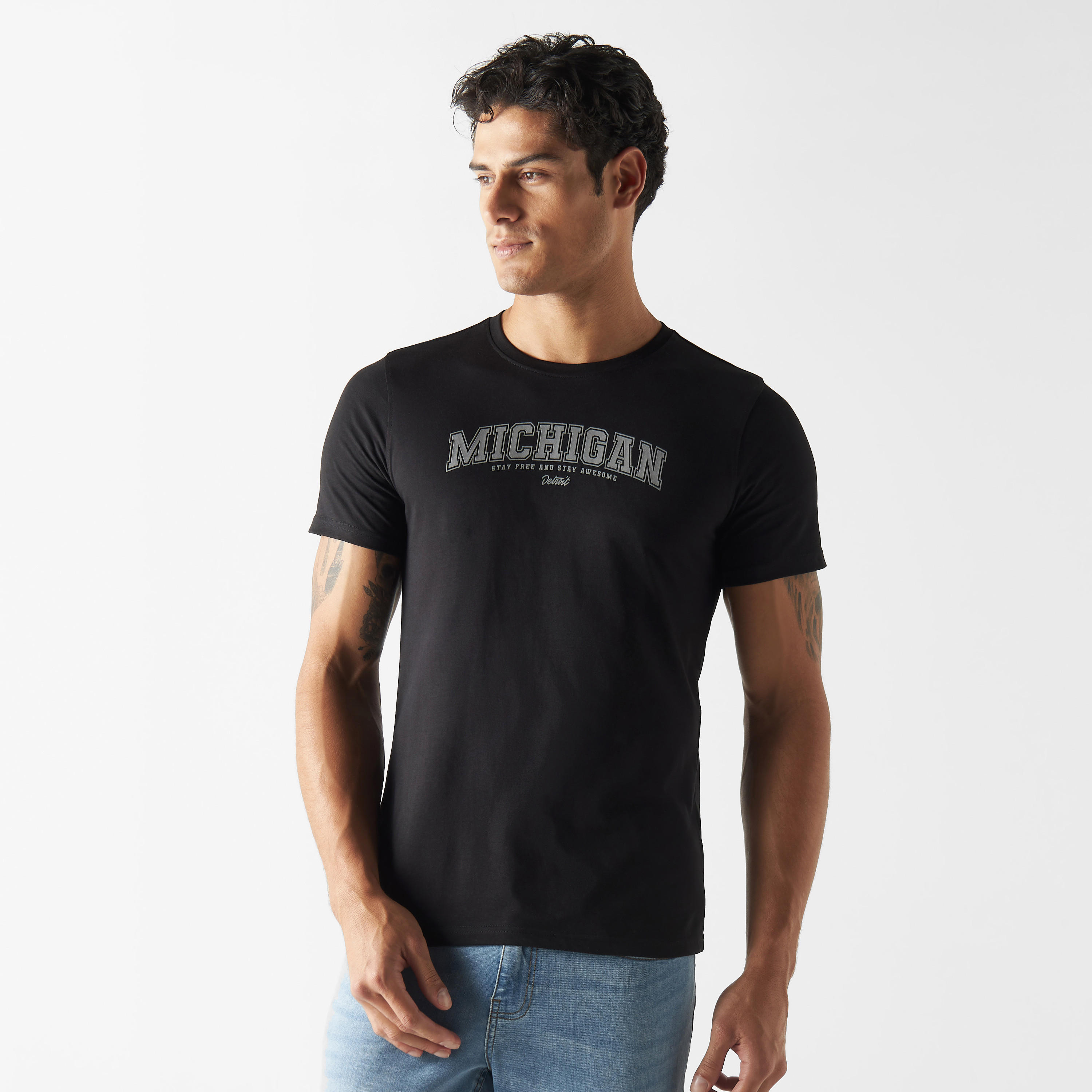 Typography Print Crew Neck T-shirt with Short Sleeves-men-clothing-tshirtsandpolos-tshirts-image-1