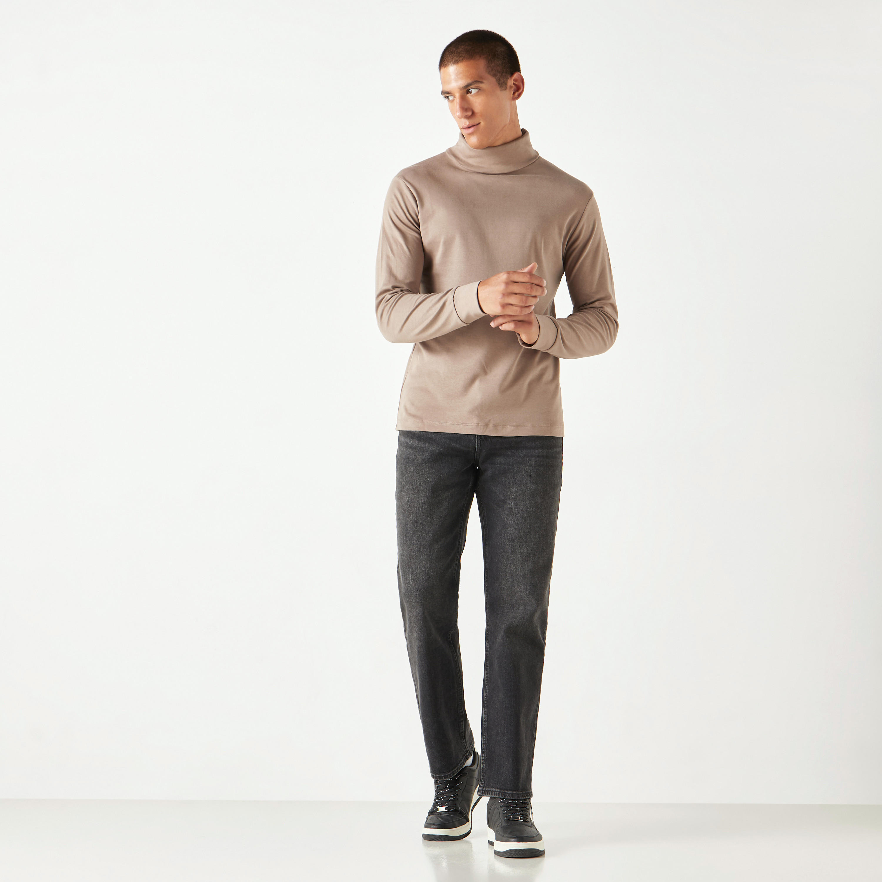 Shop Solid Turtle Neck T-shirt with Long Sleeves Online | Splash UAE