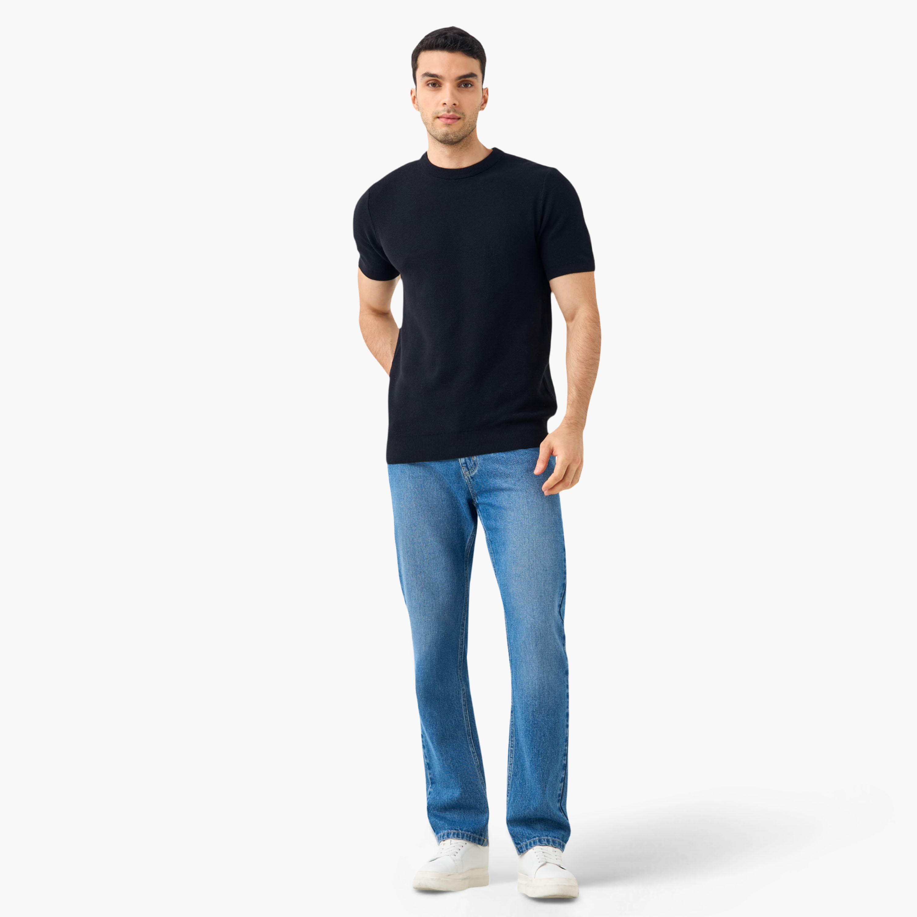 كنزة سادة بياقة ضيقة وأكمام قصيرة-men-clothing-tshirtsandpolos-tshirts-image-2