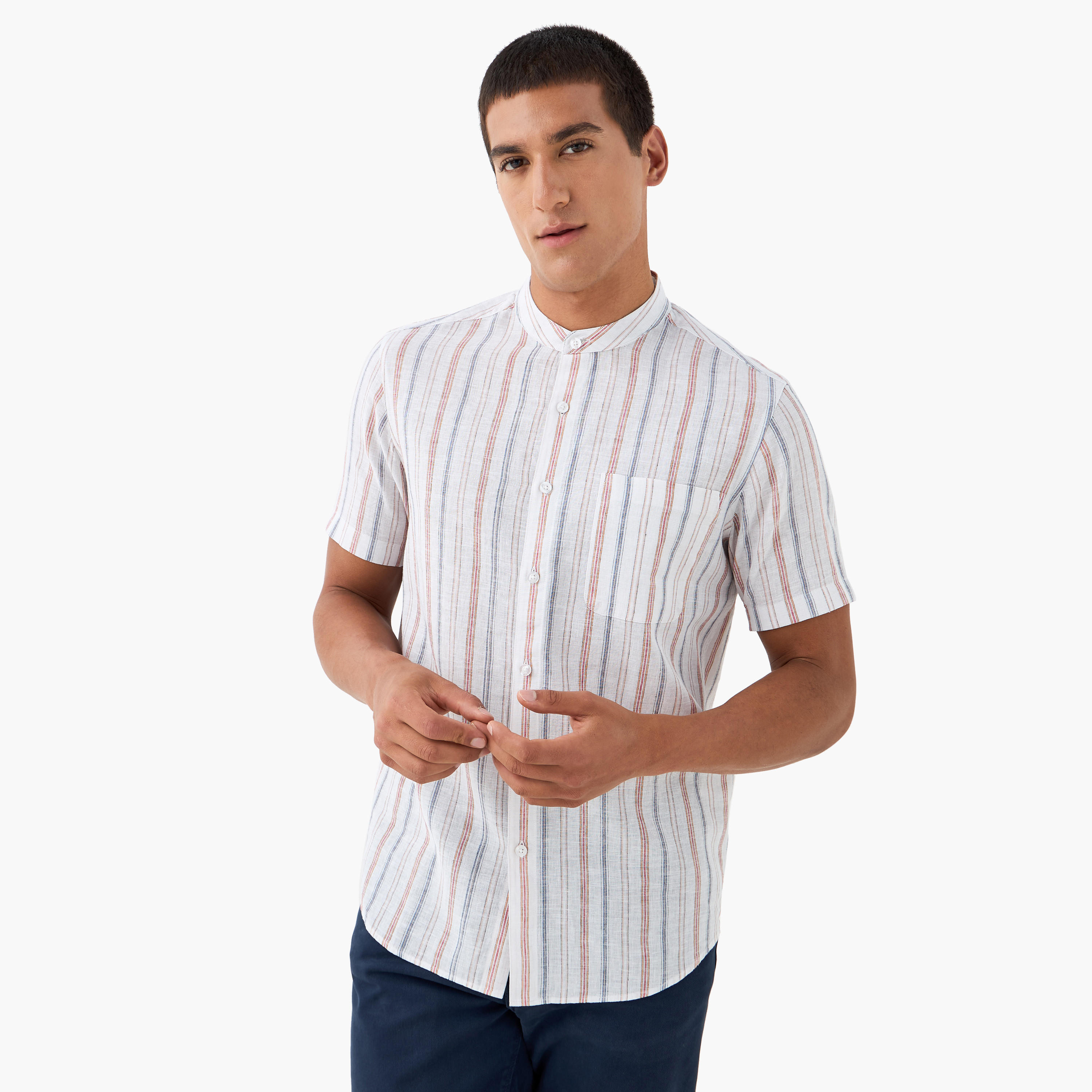 Striped Linen Blend Mandarin Collar Shirt-men-clothing-shirts-image-1
