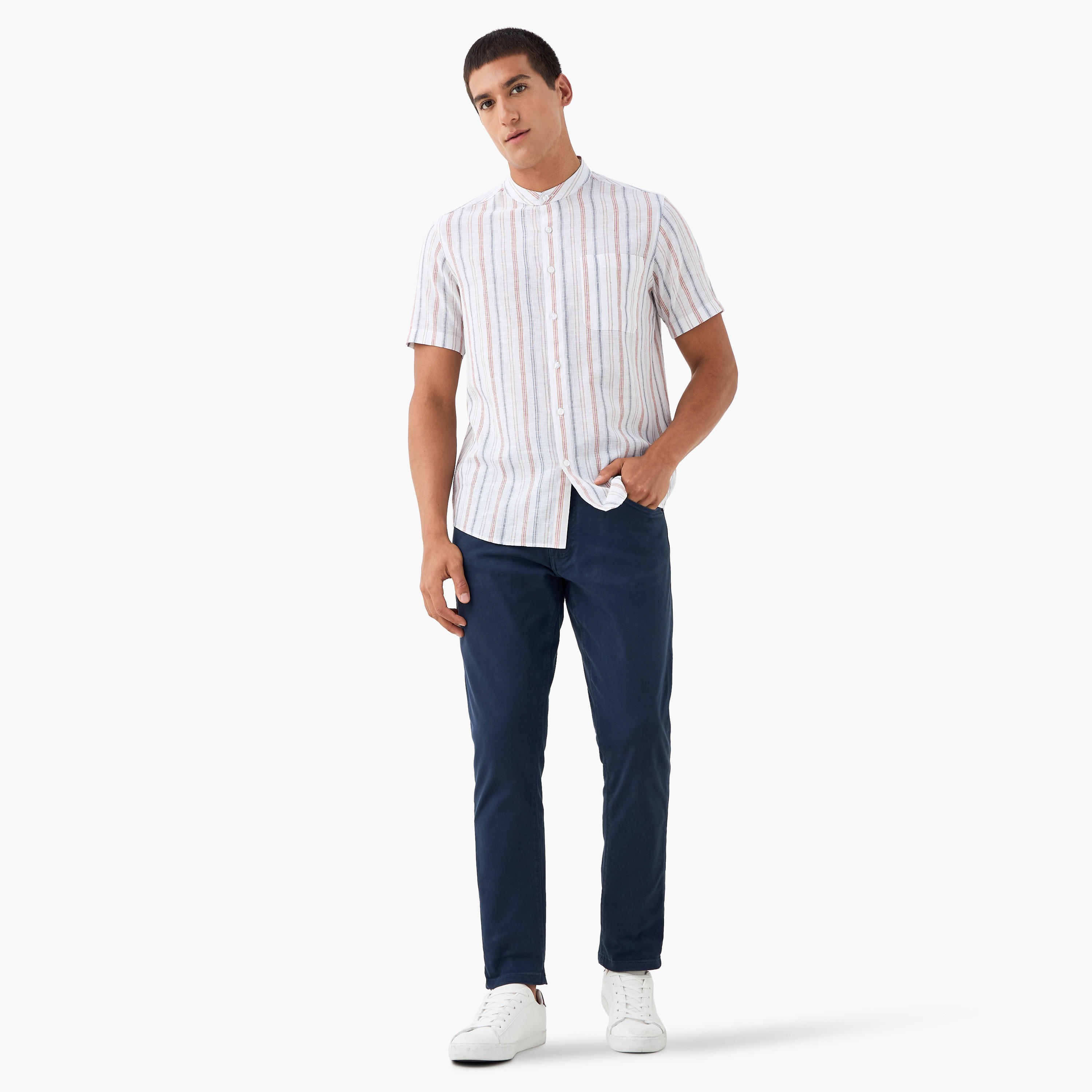 Striped Linen Blend Mandarin Collar Shirt-men-clothing-shirts-image-2