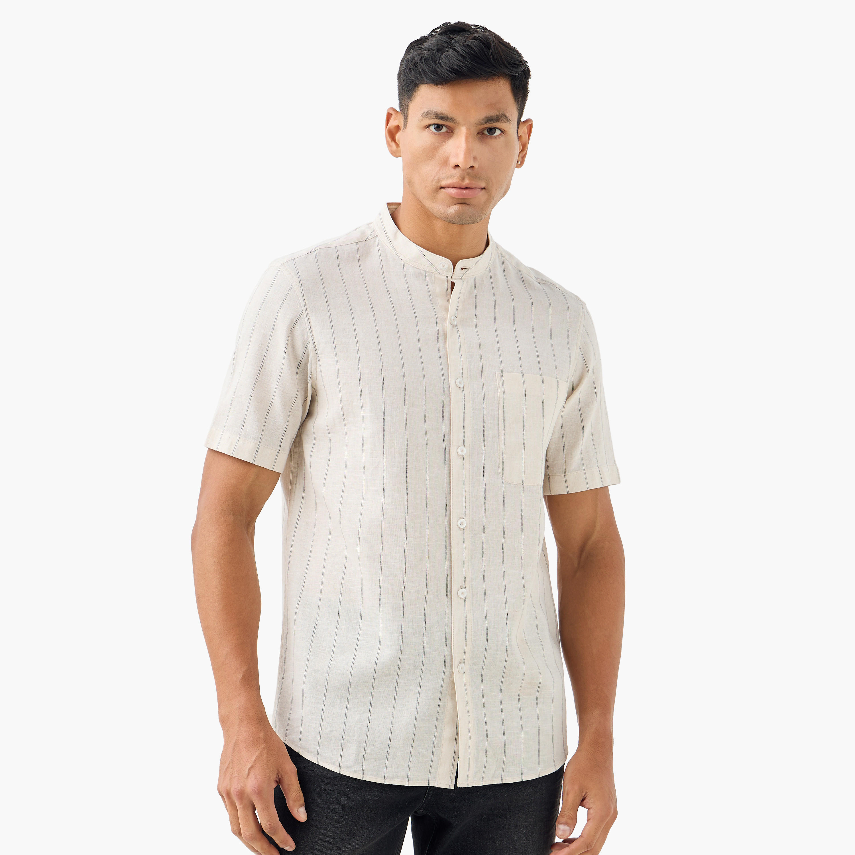 Striped Linen Blend Mandarin Collar Shirt-men-clothing-shirts-image-1