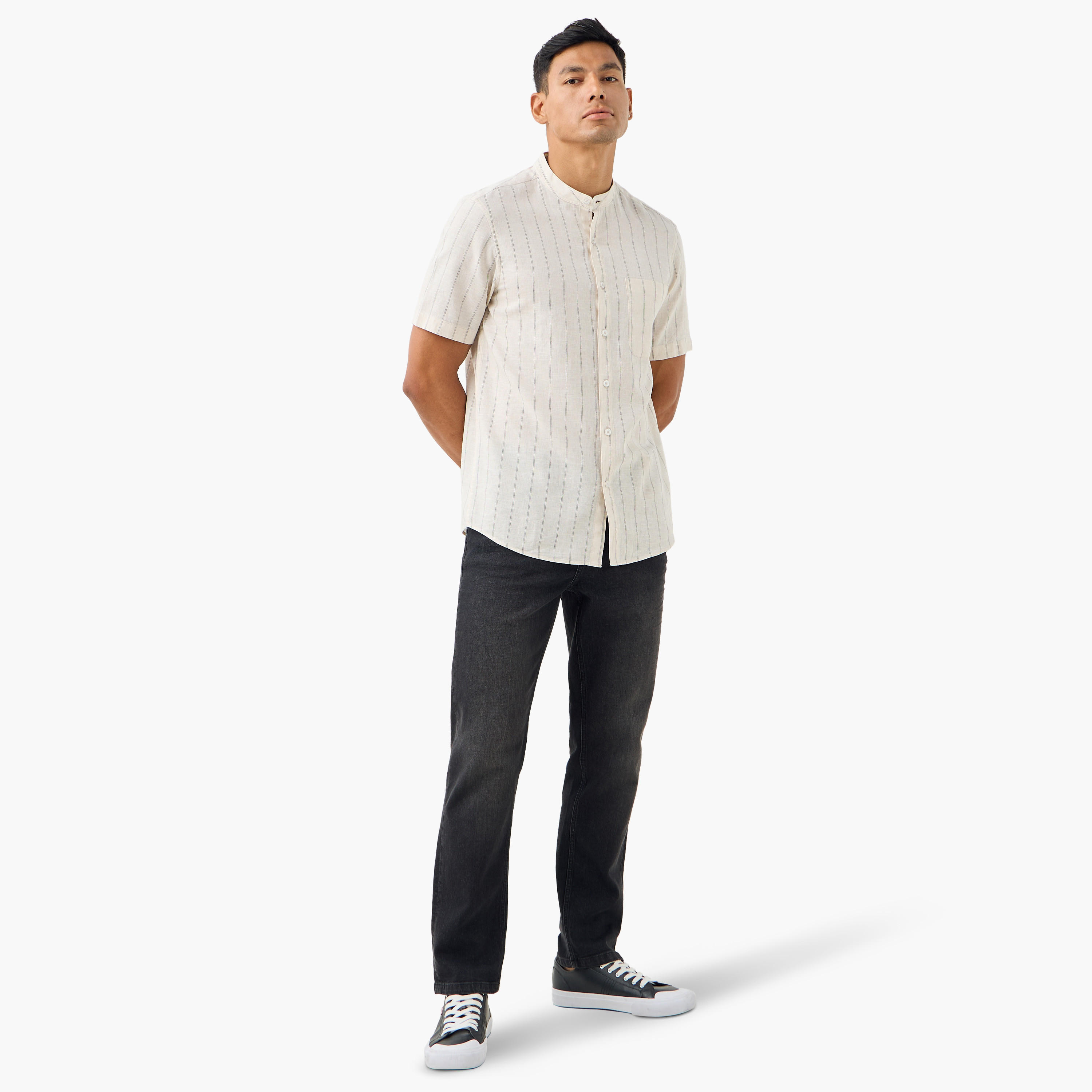 Striped Linen Blend Mandarin Collar Shirt-men-clothing-shirts-image-2