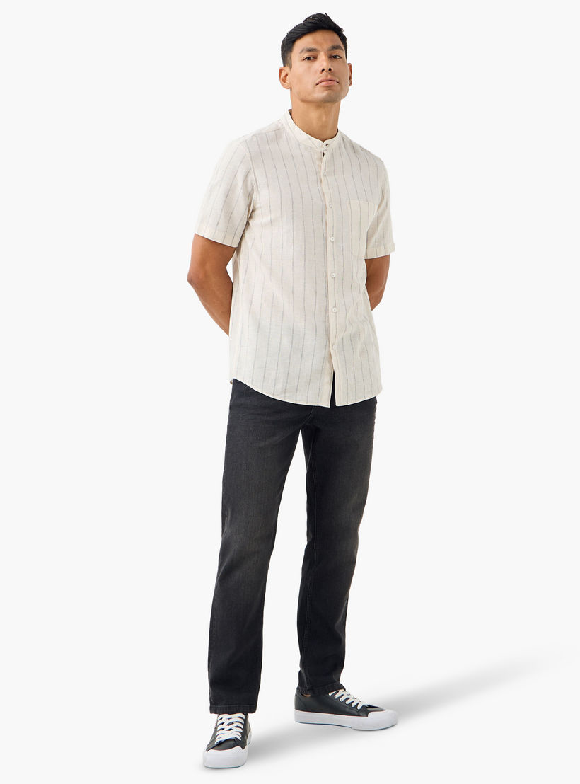Striped Linen Blend Mandarin Collar Shirt-men-clothing-shirts-image-2