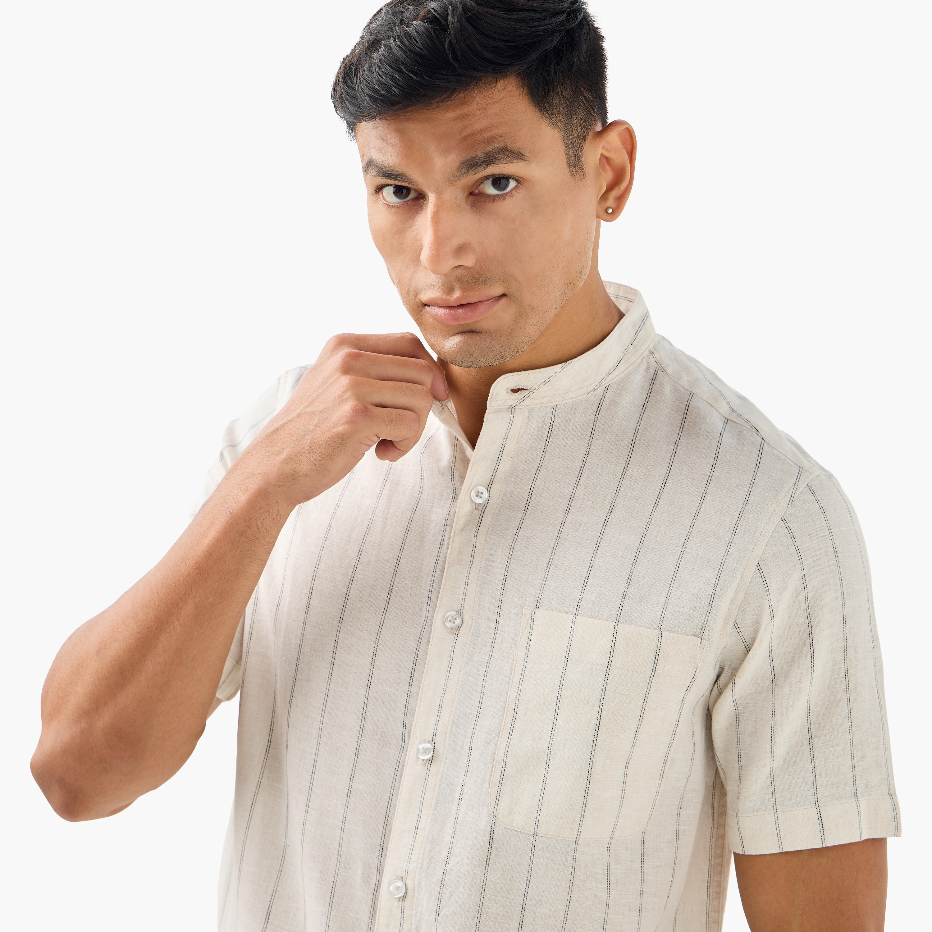 Striped Linen Blend Mandarin Collar Shirt-men-clothing-shirts-image-4