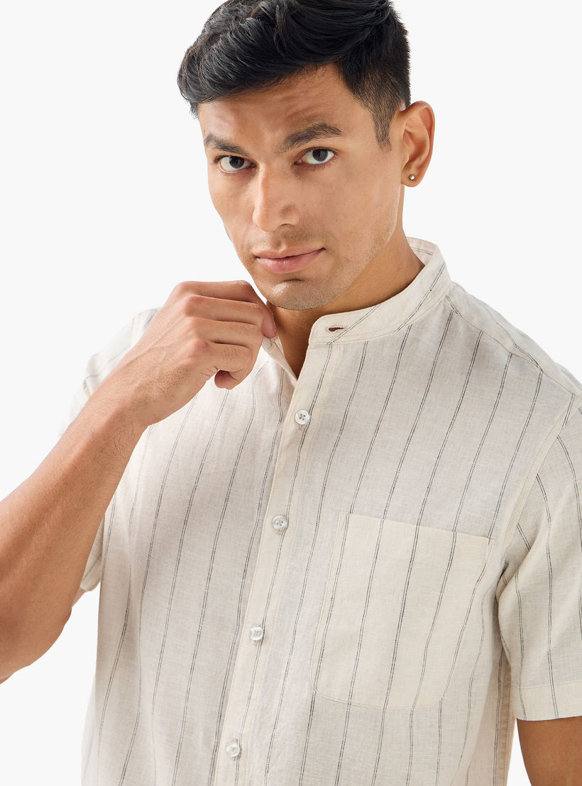 Striped Linen Blend Mandarin Collar Shirt-men-clothing-shirts-image-4