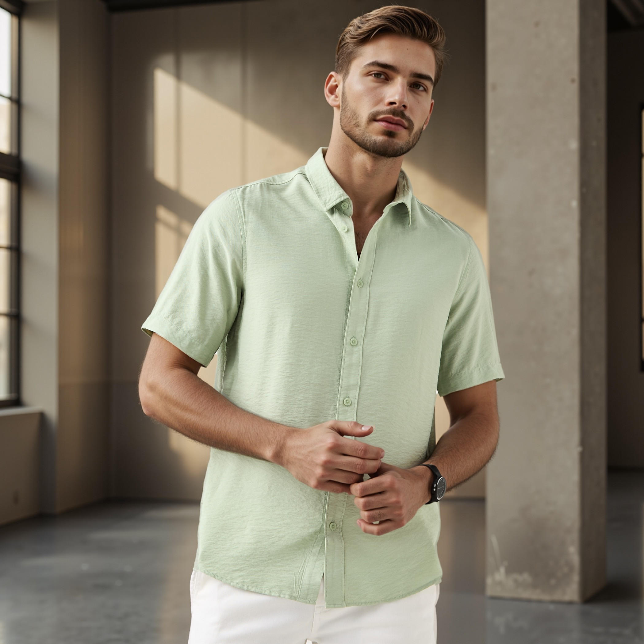 Regular Fit Crinkle Textured Collared Shirt-men-clothing-shirts-image-1