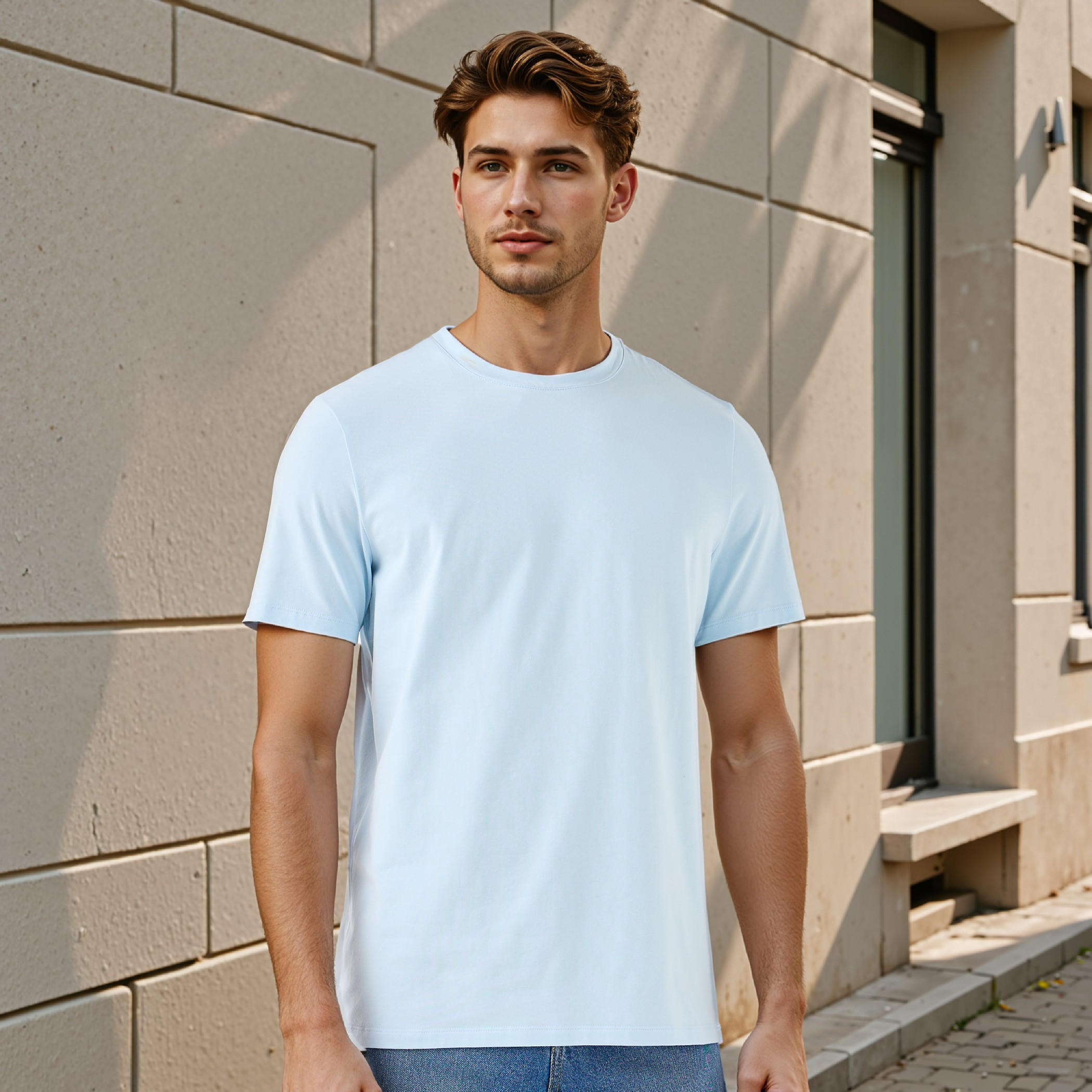 تيشيرت بقصة عادية وياقة ضيقة وأكمام قصيرة-men-clothing-tshirtsandpolos-tshirts-image-1