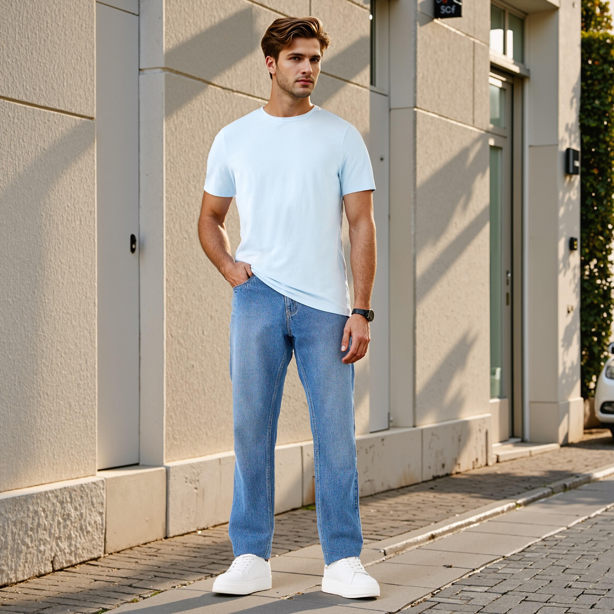 تيشيرت بقصة عادية وياقة ضيقة وأكمام قصيرة-men-clothing-tshirtsandpolos-tshirts-image-2
