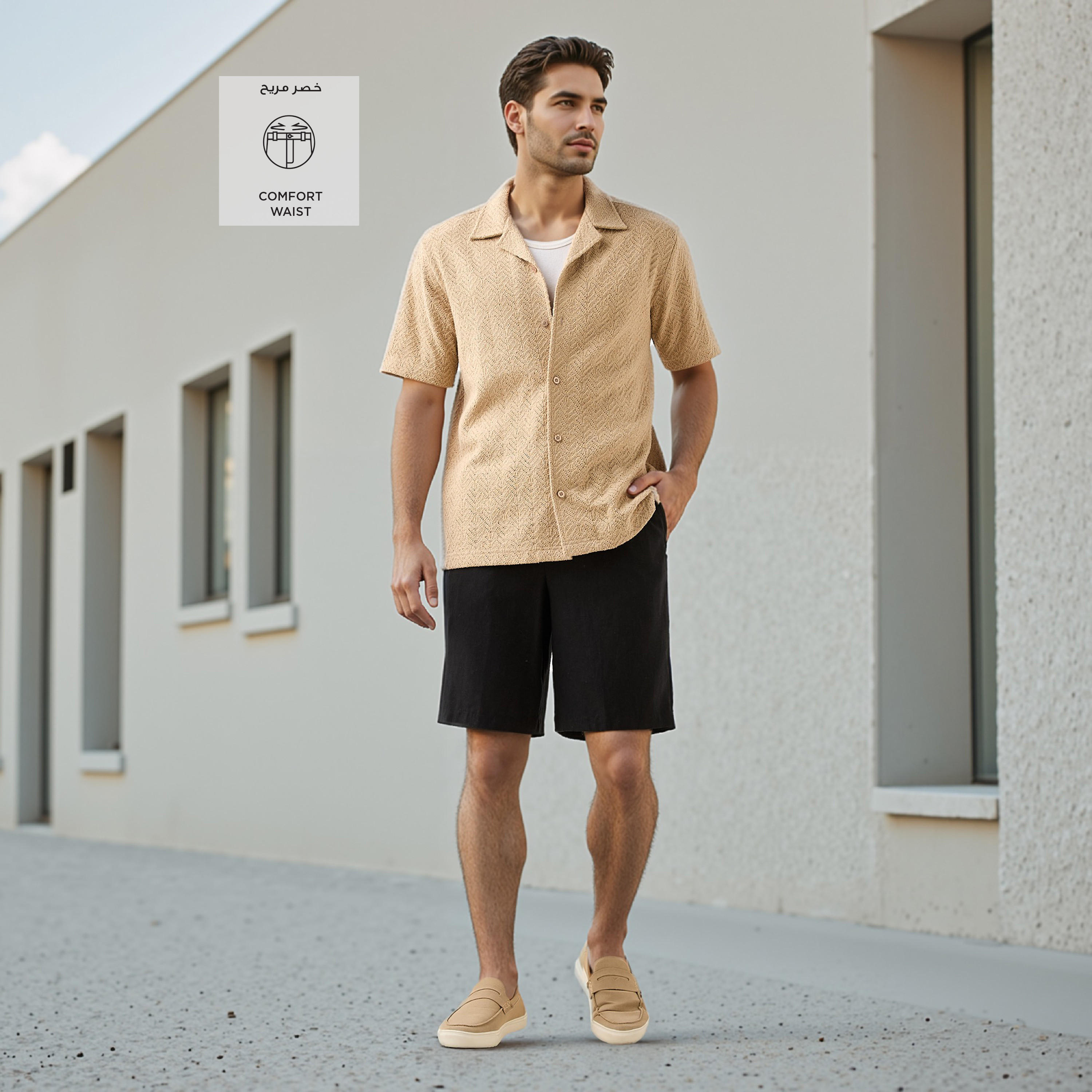 Regular Fit Linen Blend Flexi Waist Shorts-men-clothing-bottoms-shorts-image-2