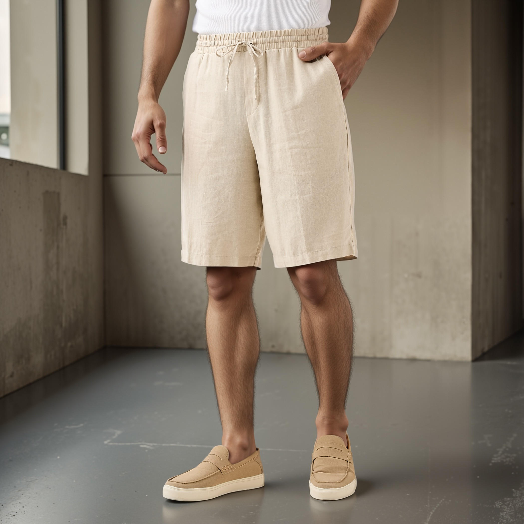 شورت من مزيج الكتان بقصّة عادية وخصر مطاطي-men-clothing-bottoms-shorts-image-5