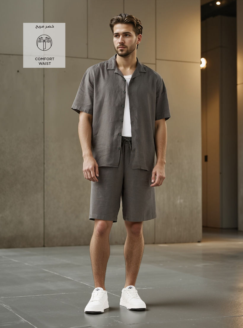 Regular Fit Linen Blend Flexi Waist Shorts-men-clothing-bottoms-shorts-image-2
