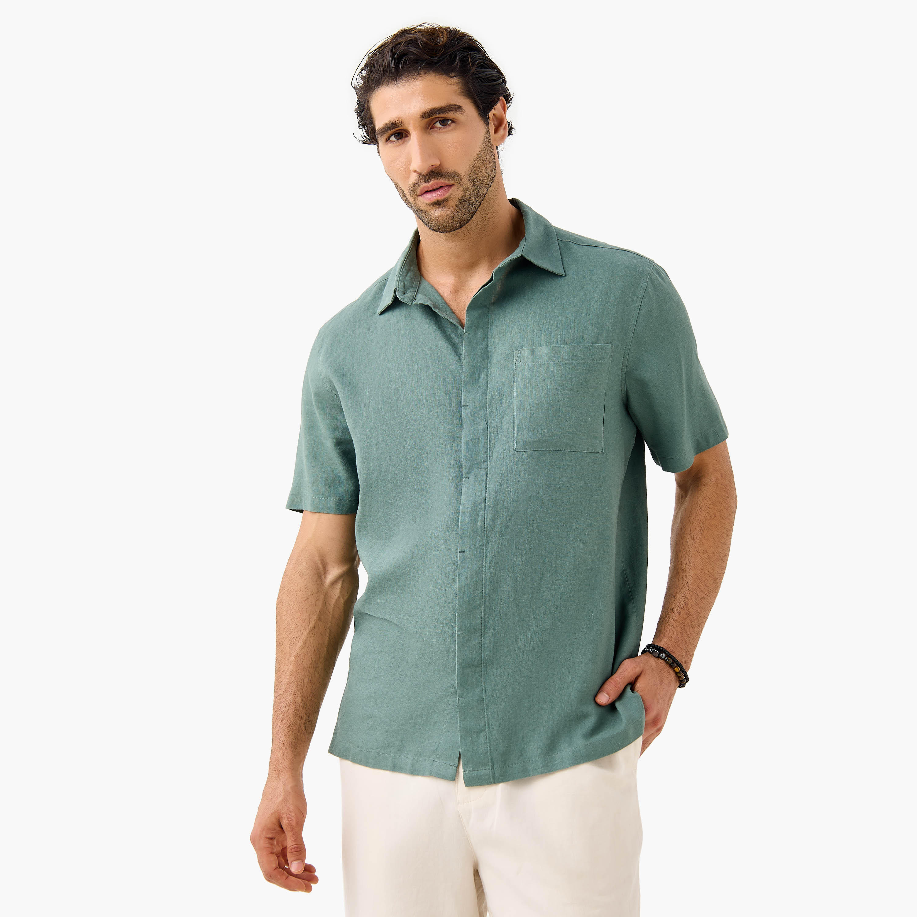 Regular Fit Linen Blend Collared Shirt with Chest Pocket-men-clothing-shirts-image-1