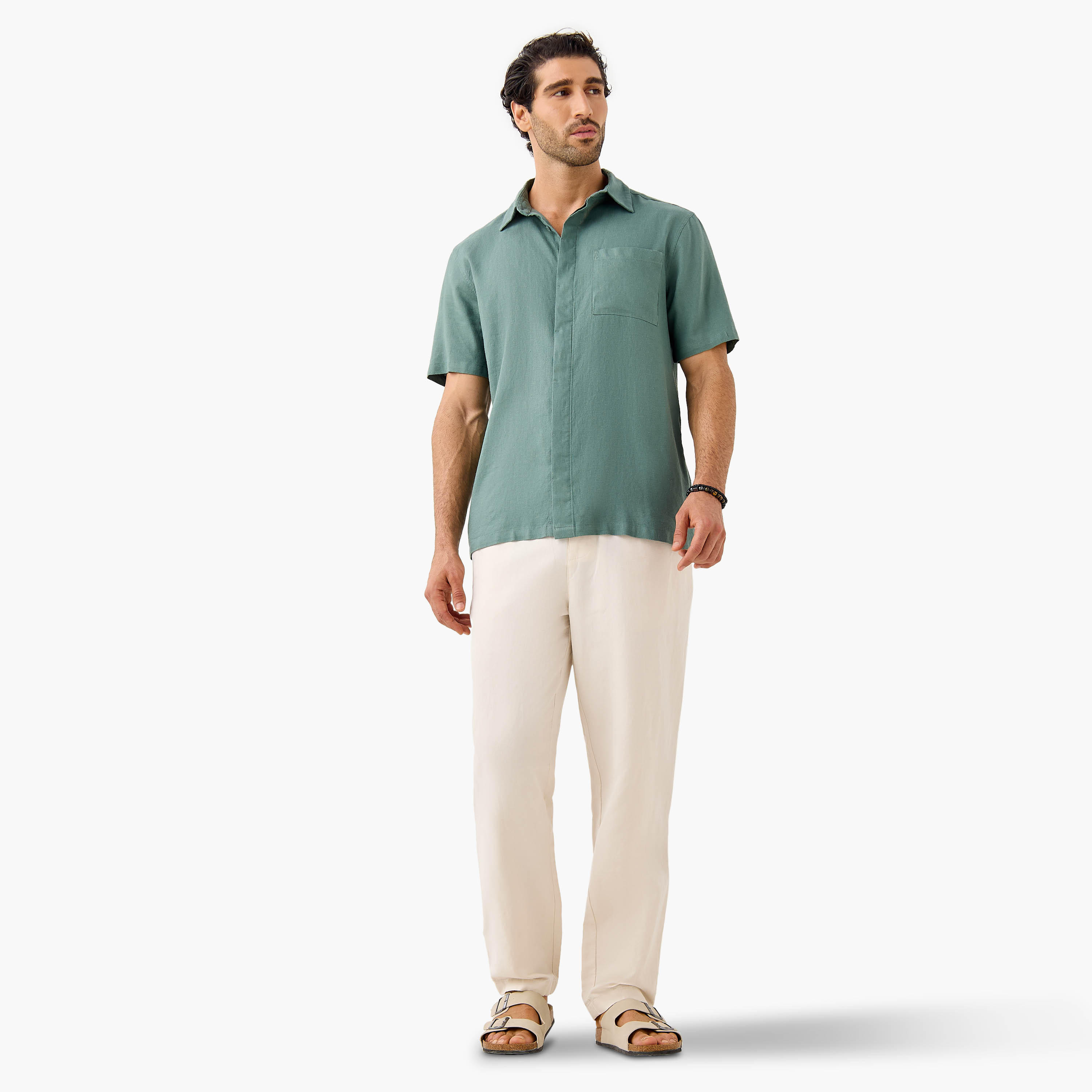 Regular Fit Linen Blend Collared Shirt with Chest Pocket-men-clothing-shirts-image-2