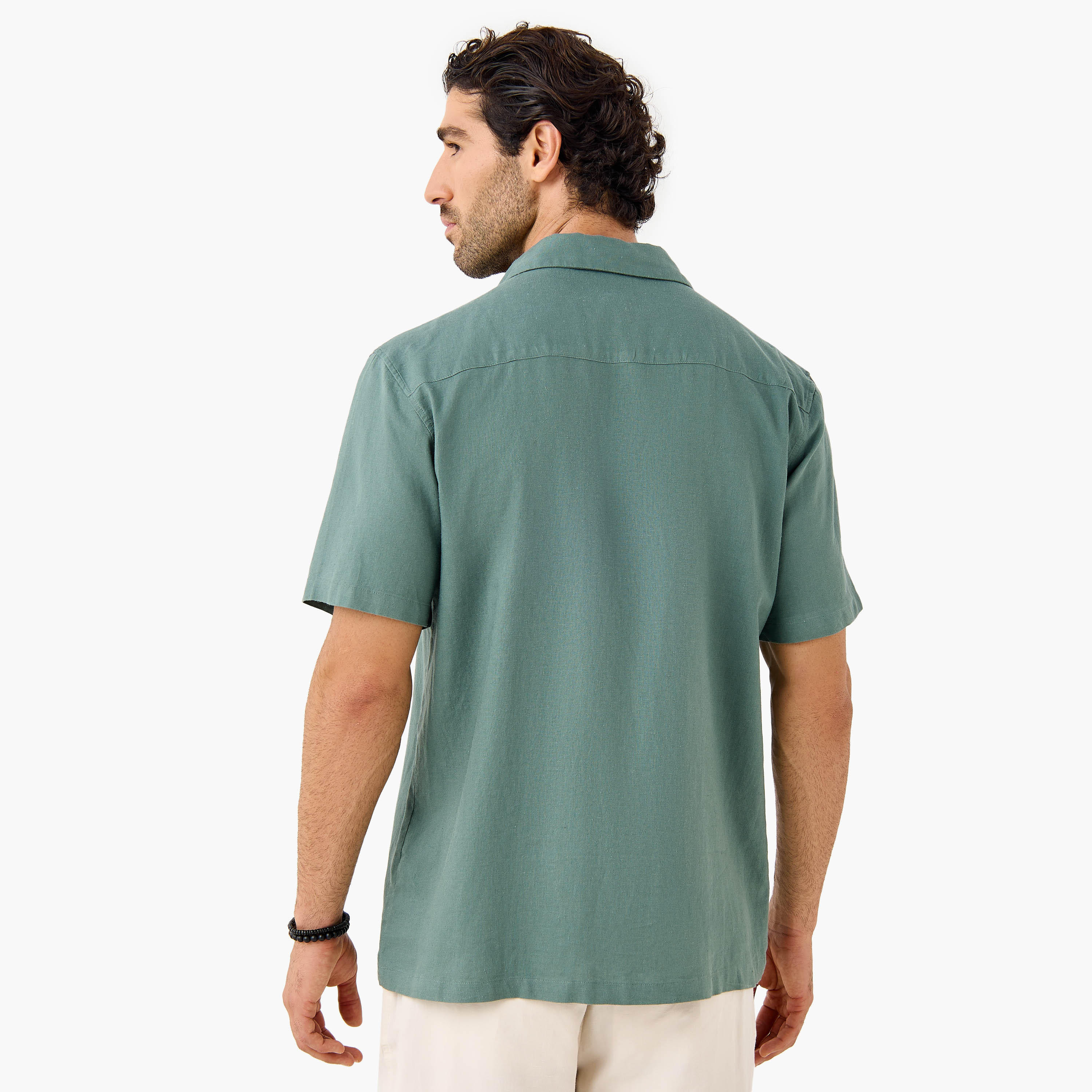 Regular Fit Linen Blend Collared Shirt with Chest Pocket-men-clothing-shirts-image-3