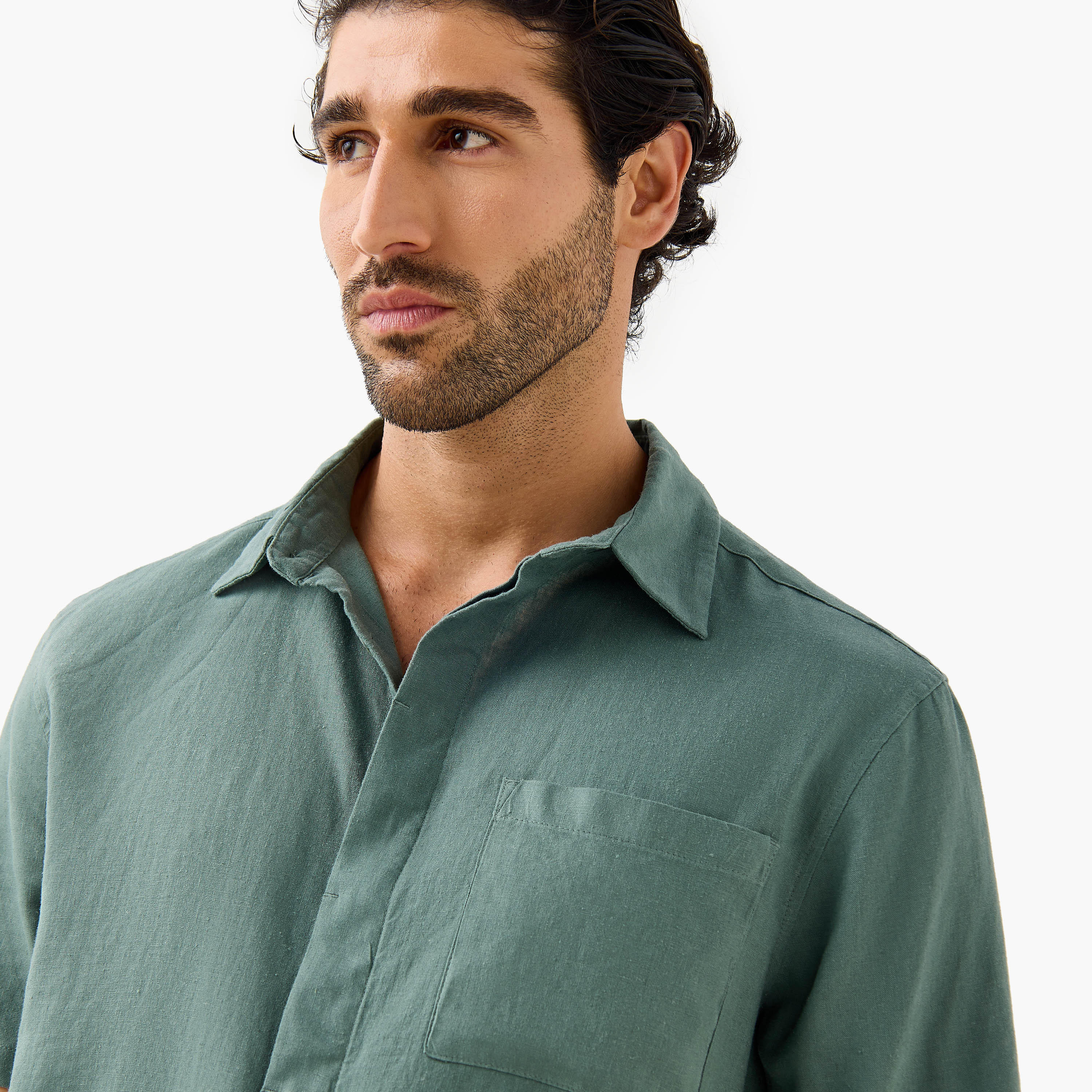 Regular Fit Linen Blend Collared Shirt with Chest Pocket-men-clothing-shirts-image-4